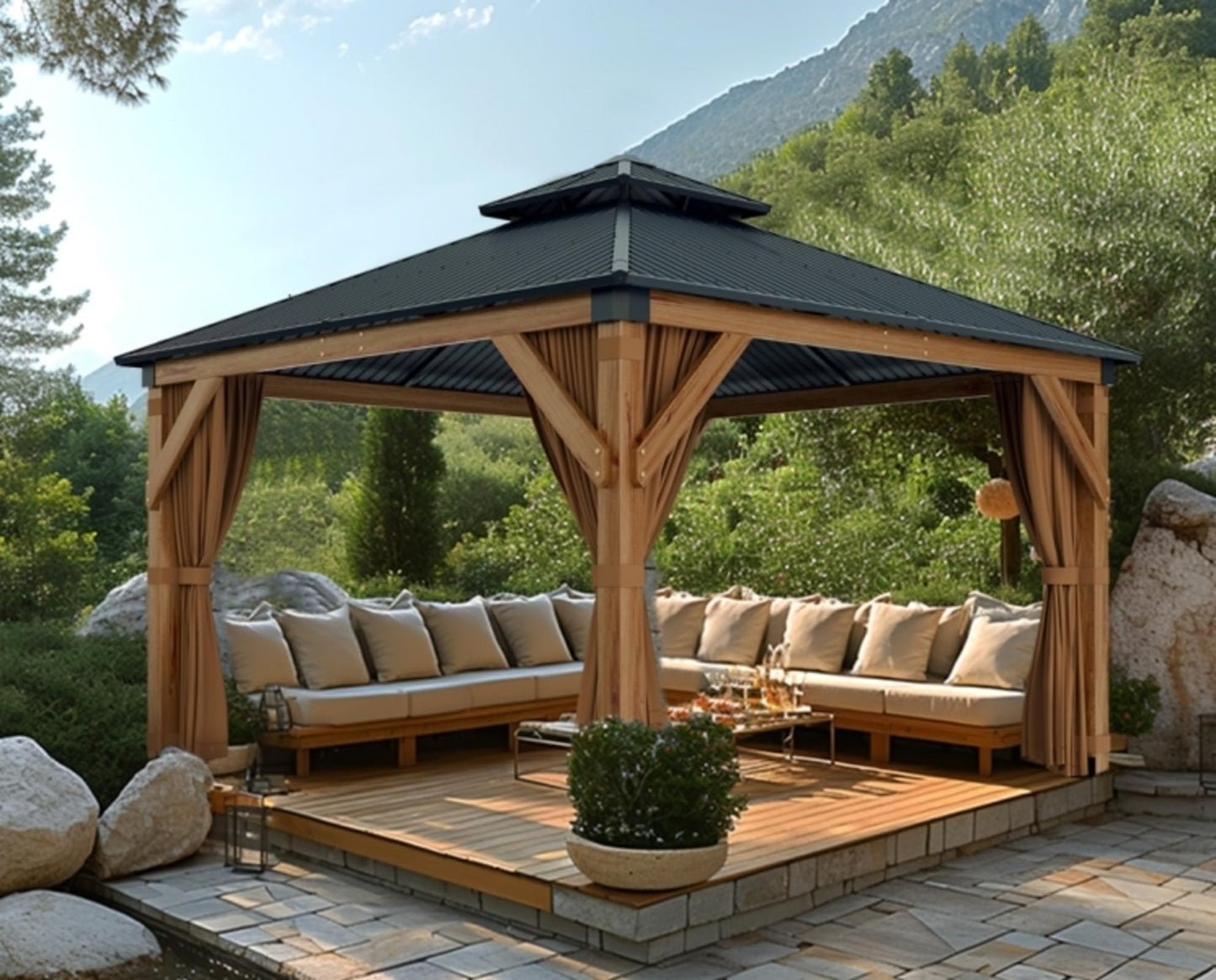 10’X10’ Spruce Wood Hardtop Gazebo with Double Metal Roof, Heavy-Duty 4.7" Poles, Curtains & Netting, All-Weather Outdoor Pavilion for Patio, Deck, Backyard, Lawn, Khaki – Easy Assembly
