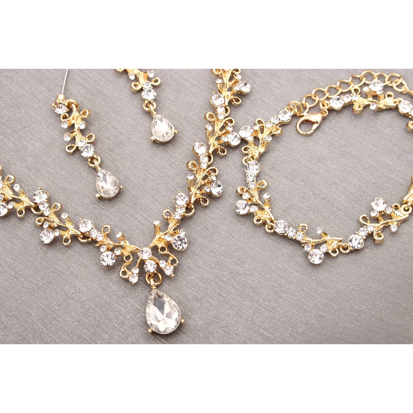 Enrwin 3Pcs Austrian Crystal Jewelry Set for Women, Necklace Dangle Earrings Link Bracelet with Gold/Platinum/Gun Plated, Wedding Party Bridal Bridesmaid (White-Gold Plated)