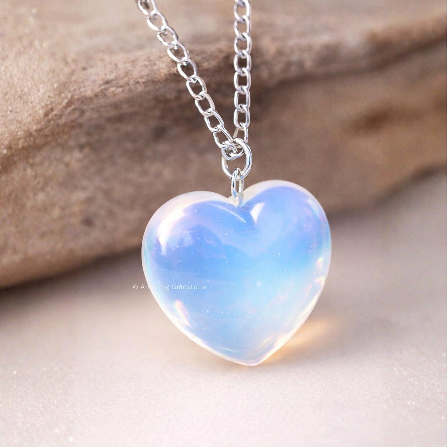 Opalite Neck lace - Healing Crystal Neck lace with Opalite Heart by Taylor - Elegant Jewelry for Energy Balance and Spiritual Healing - Gift for Women on Mothers Day, Christmas, Valentine (Puffy Heart)