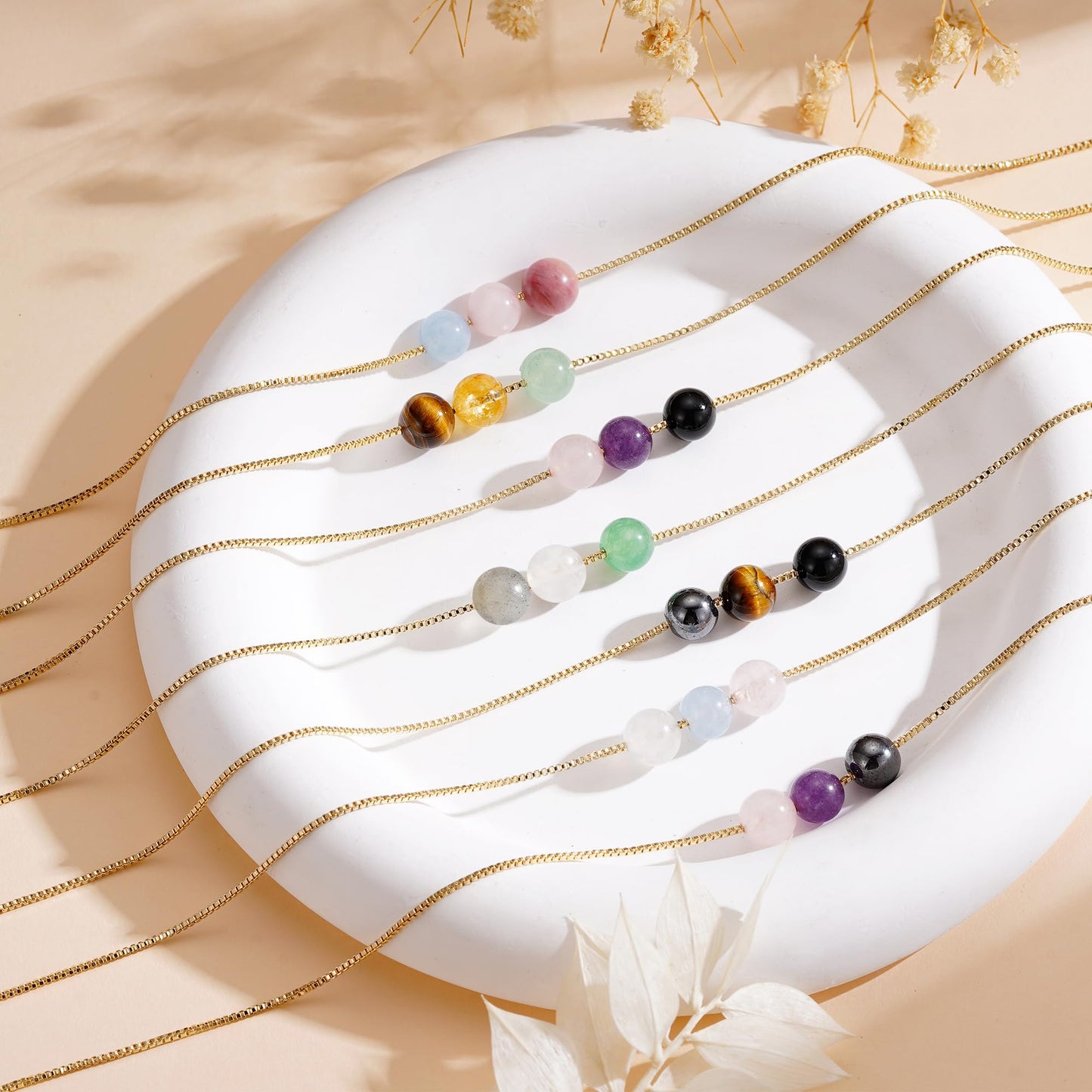 Suarlly Healing Crystal Necklace for Women 14k Plated Gold Beaded Necklace Tiger Eyes Relief Triple Protection Good Luck Gifts for Friends Sister Mom Daughter Jewelry