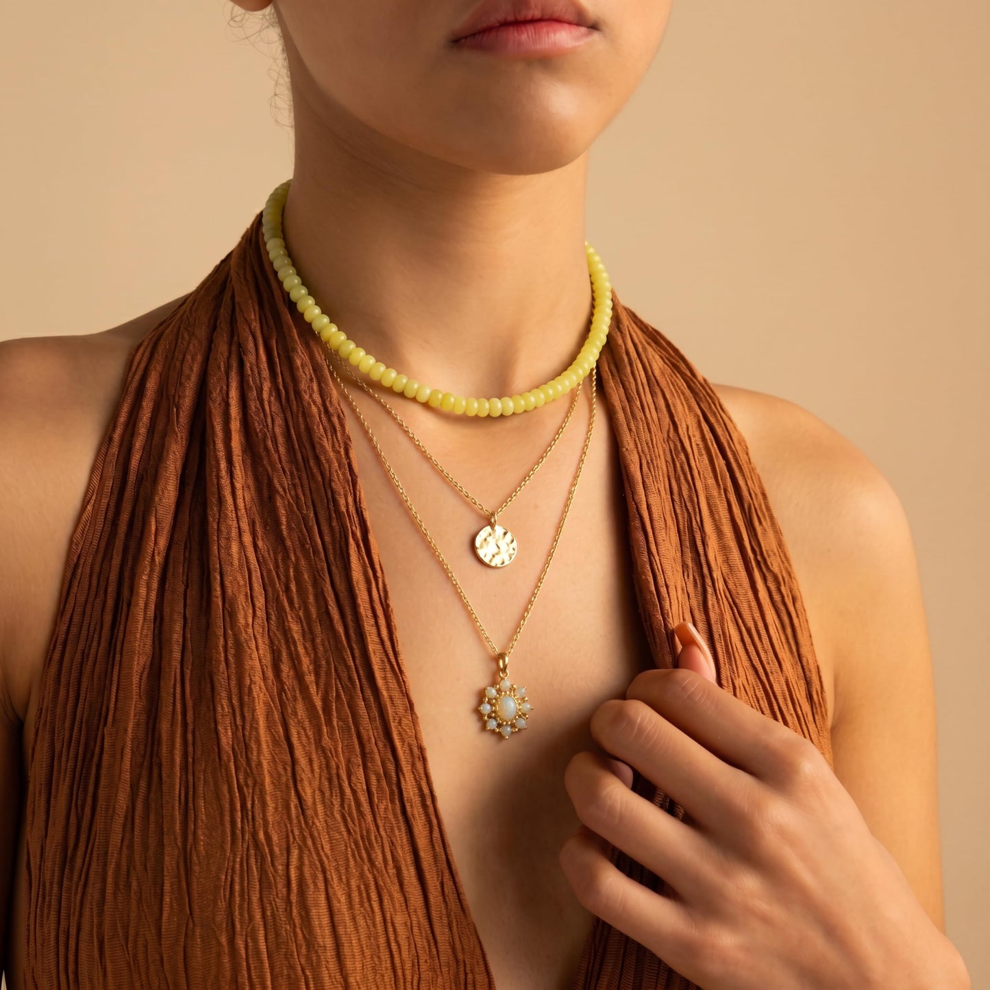 CONRAN KREMIX Yellow Stone Beaded Necklace for Women,Natural Stone Bead Choker Necklaces Boho Summer Beach Necklace Gemstone Jewelry Gift for Women