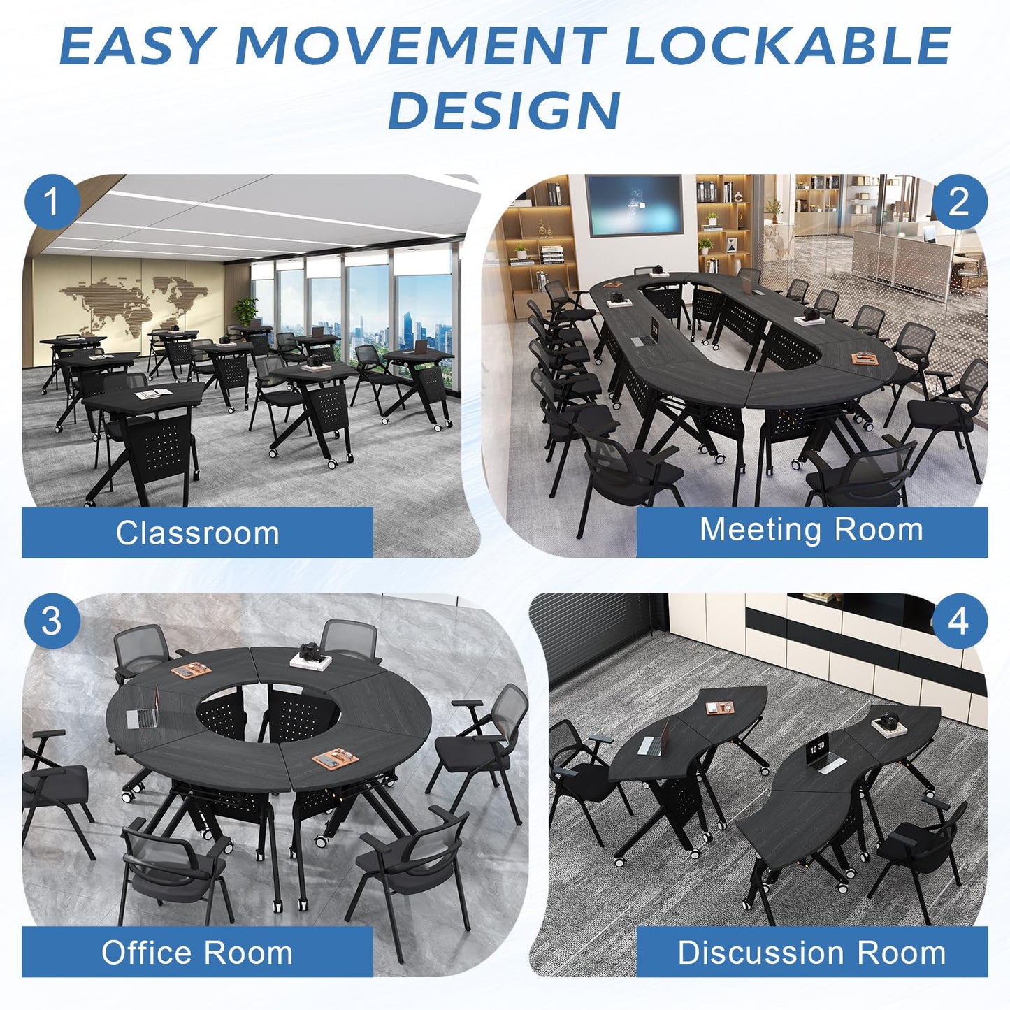 JFazzruit Folding Conference Table,Fan-Shaped Conference Room Tables with Wheels, Mobile Modular Seminar Meeting Desk for Classrooms,Office & Seminar (6, Fan-Black)
