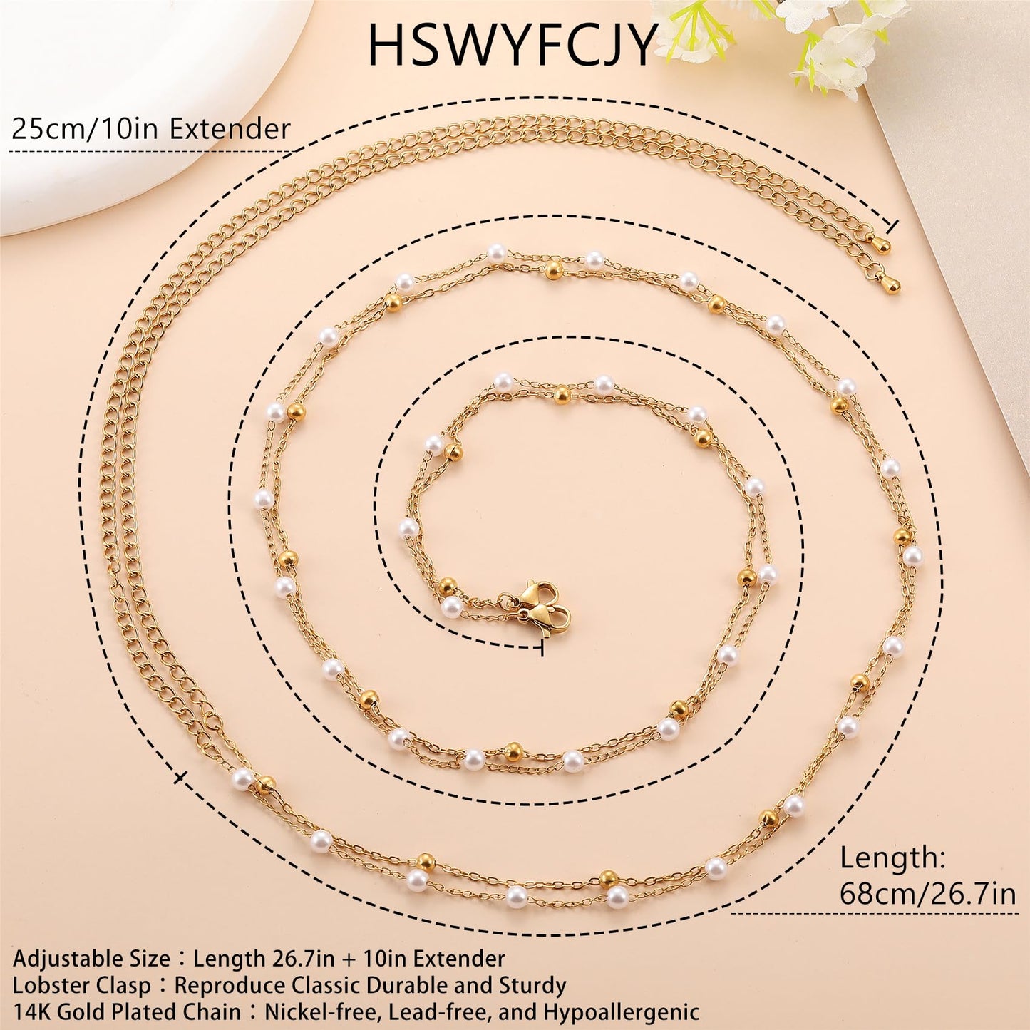 HSWYFCJY 1PCS/2PCS Gold Waist Chain for Women - Adjustable Bead Belly Chain Jewelry Accessories for Sexy Bikini, Waterproof Layered Summer Body Belt Chains for Beach, Party, 26.7"+9.8" Extender