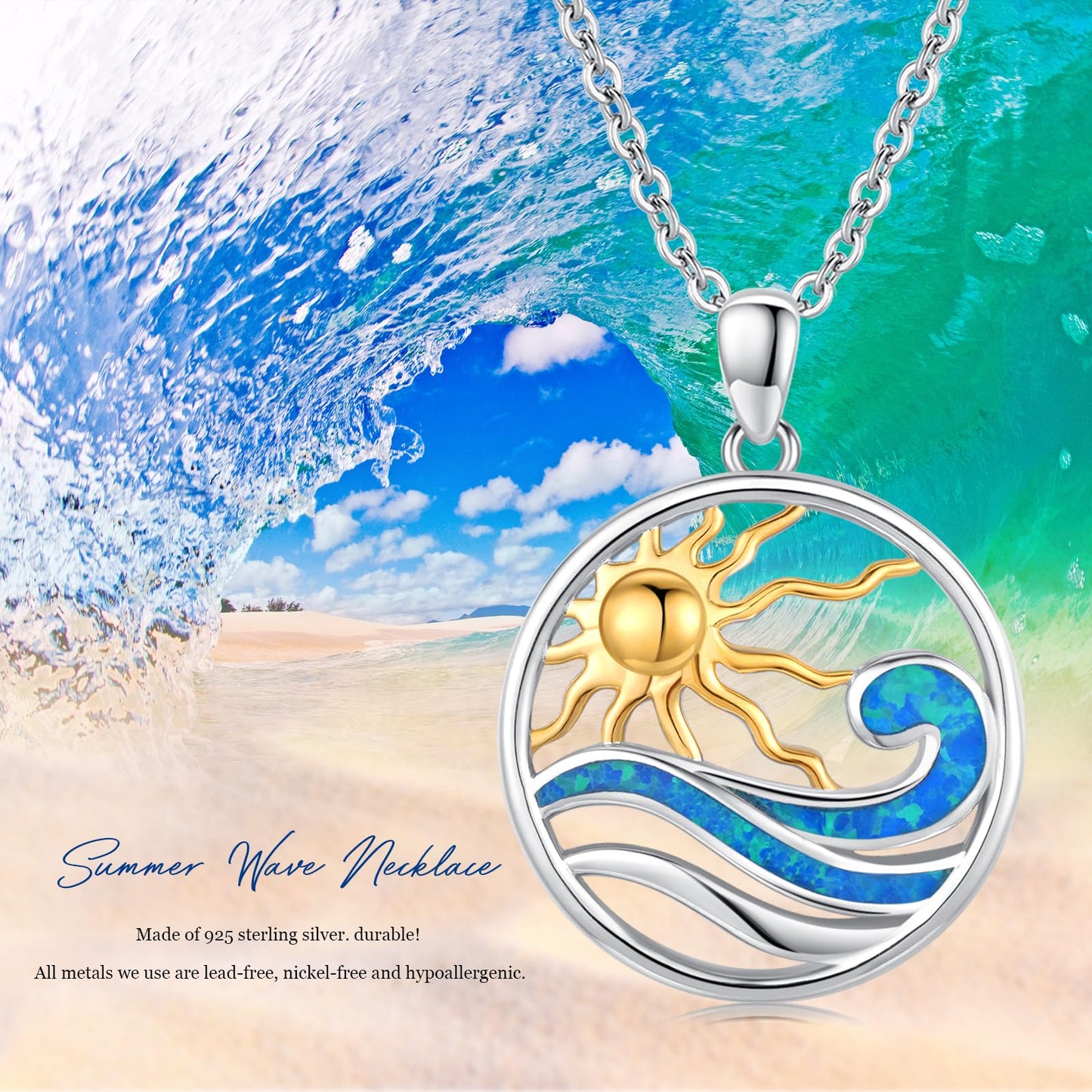 Midir&Etain Wave Necklace 925 Sterling Silver Sun Necklace Ocean Necklace Beach Sea Pendant Ocean Wave Jewelry for Women Men