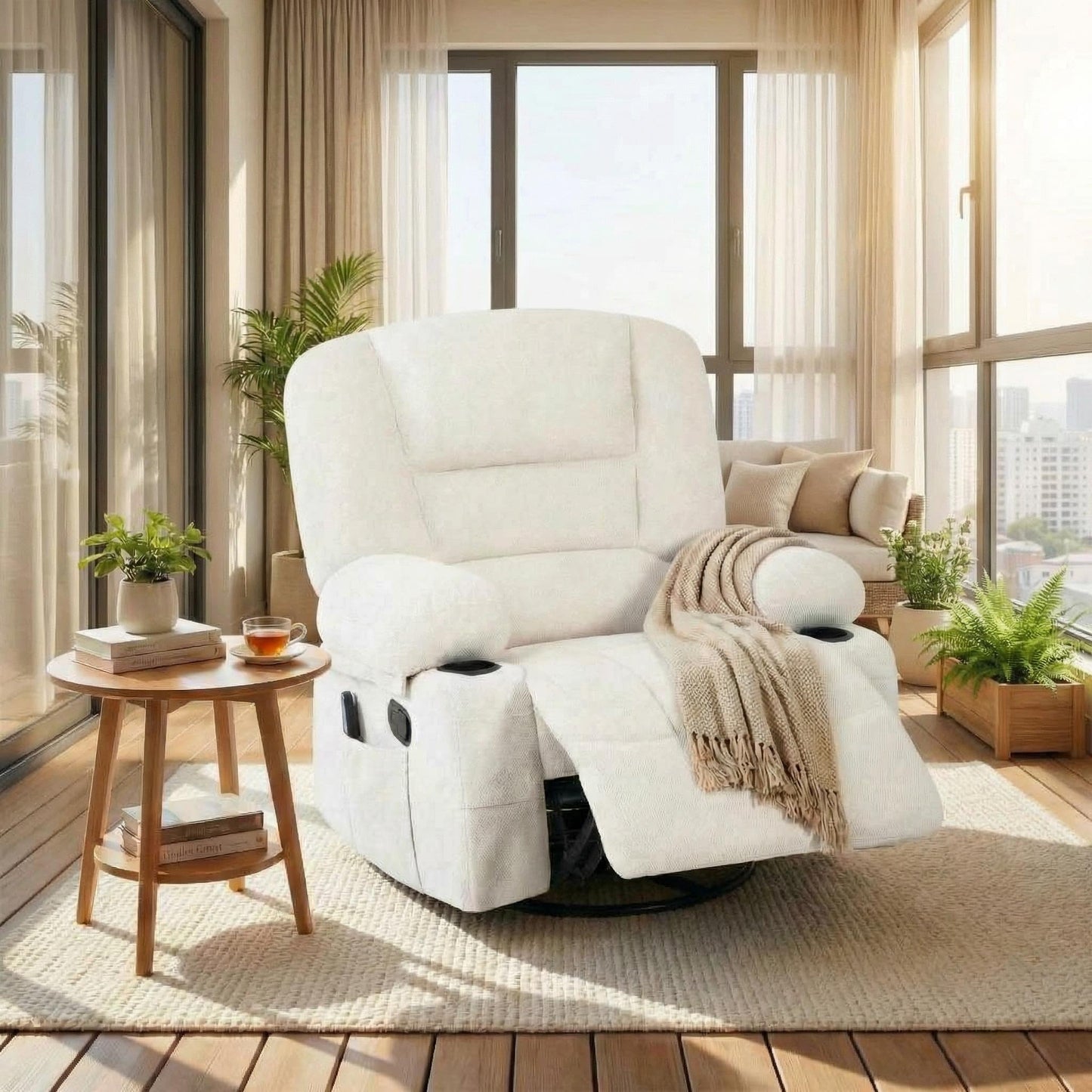 GarveeHome Oversized Wide Recliner Chair-Heat and Vibration Massage, 360° Swivel Rocker Chair for Adults,Chenille Fabric Manual Recliner with Cup Holders & Side Pocket for Living Room, Bedroom,White