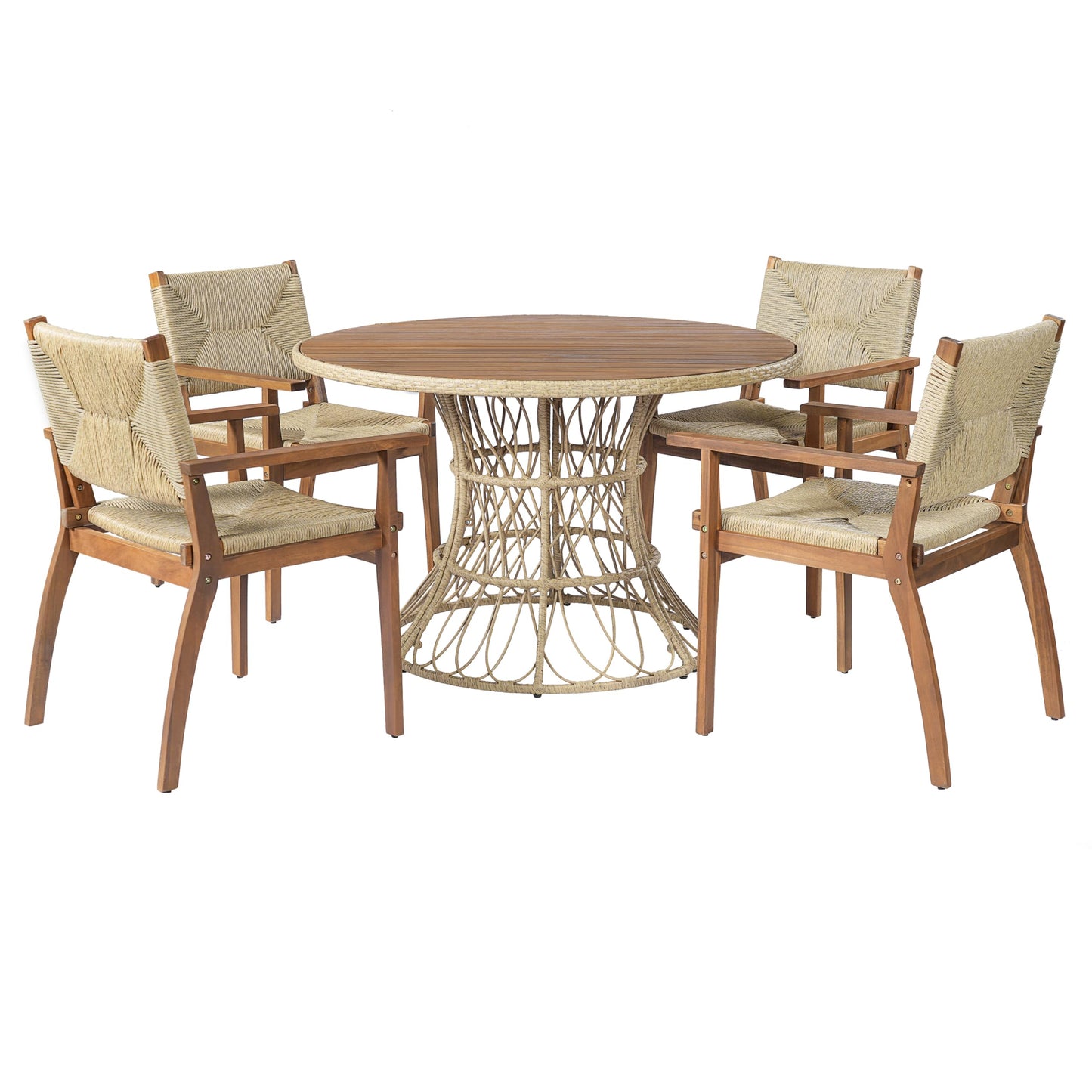 Merax 5-Piece Outdoor Dining Set, 47.24'' Round Acacia Wood Table & 4 Wicker Armchairs, Patio Furniture Set for Garden Balcony Deck, Teak Finish