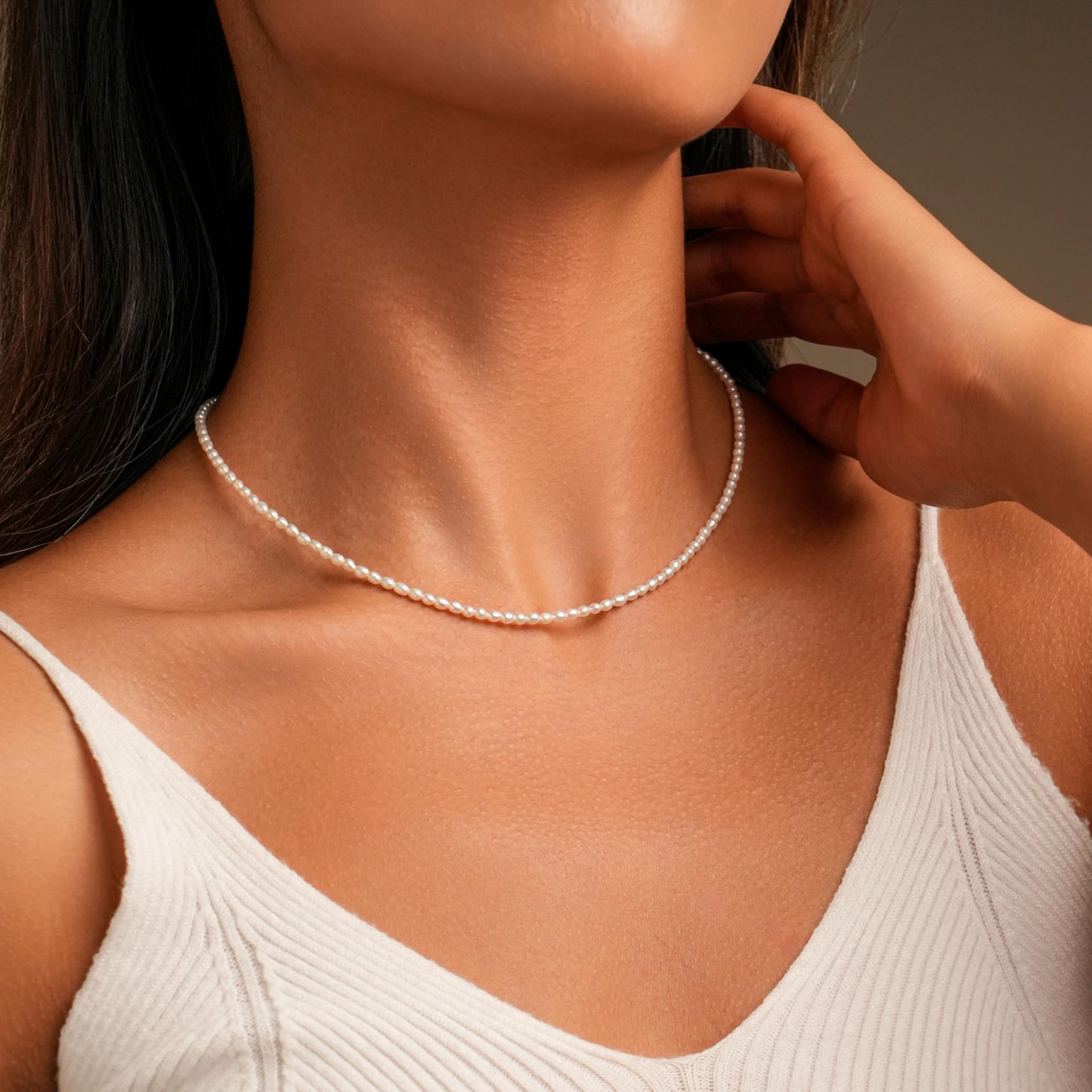 Pearls Necklace, Freshwater Tiny Small Rice Pearls Necklace for Women's Pearl Strand Necklace Chain 18K Gold Plated Hypoallergenic White Necklace as Prom Bridesmaid Birthday Gifts(Rice, 18KWGP Lock)