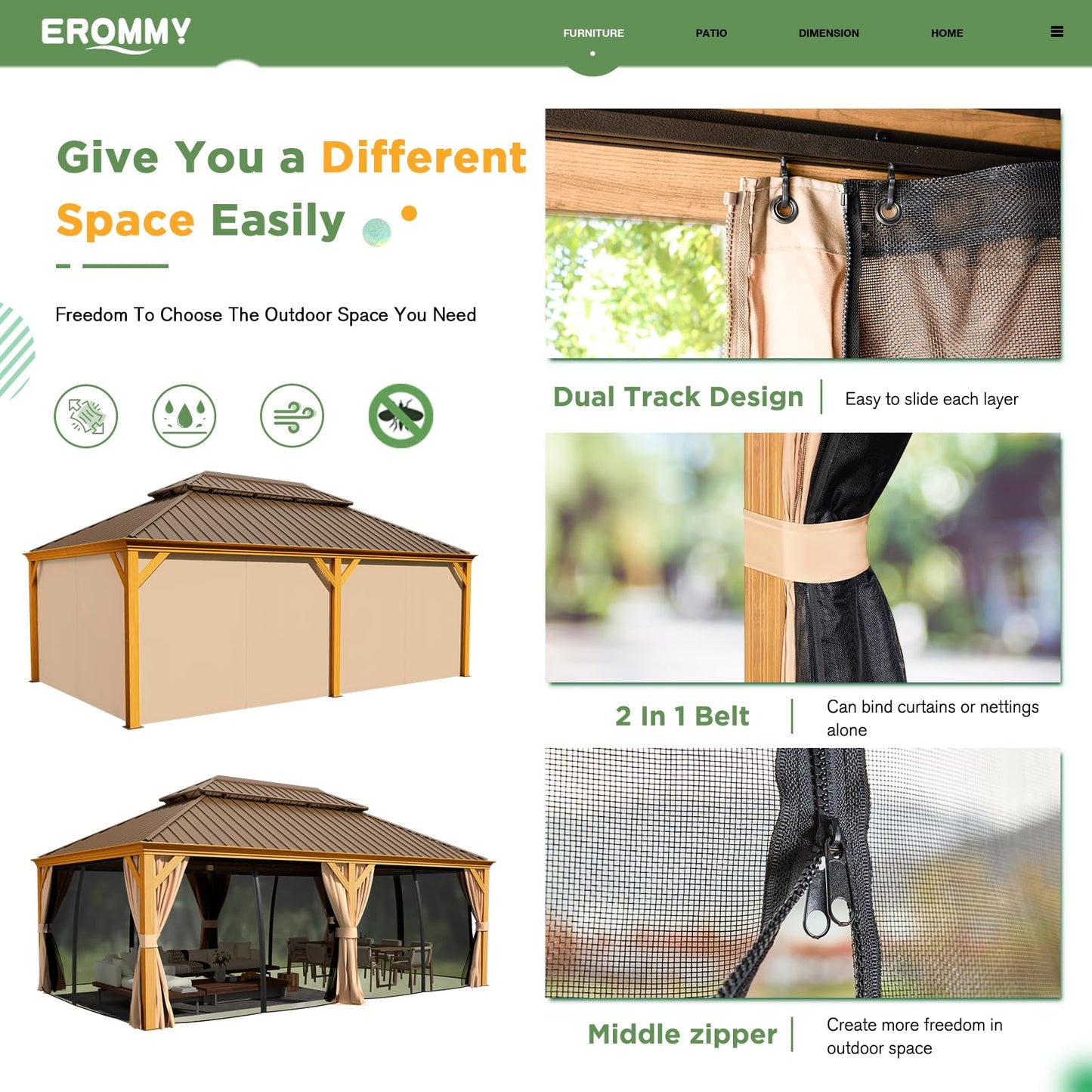 EROMMY 12'x22' Gazebo, Wooden Finish Coated Aluminum Frame Pergola with Double Galvanized Steel Hardtop Roof, Outdoor Permanent Metal Pavilion with Curtains and Nettings for Patio, Backyard and Deck