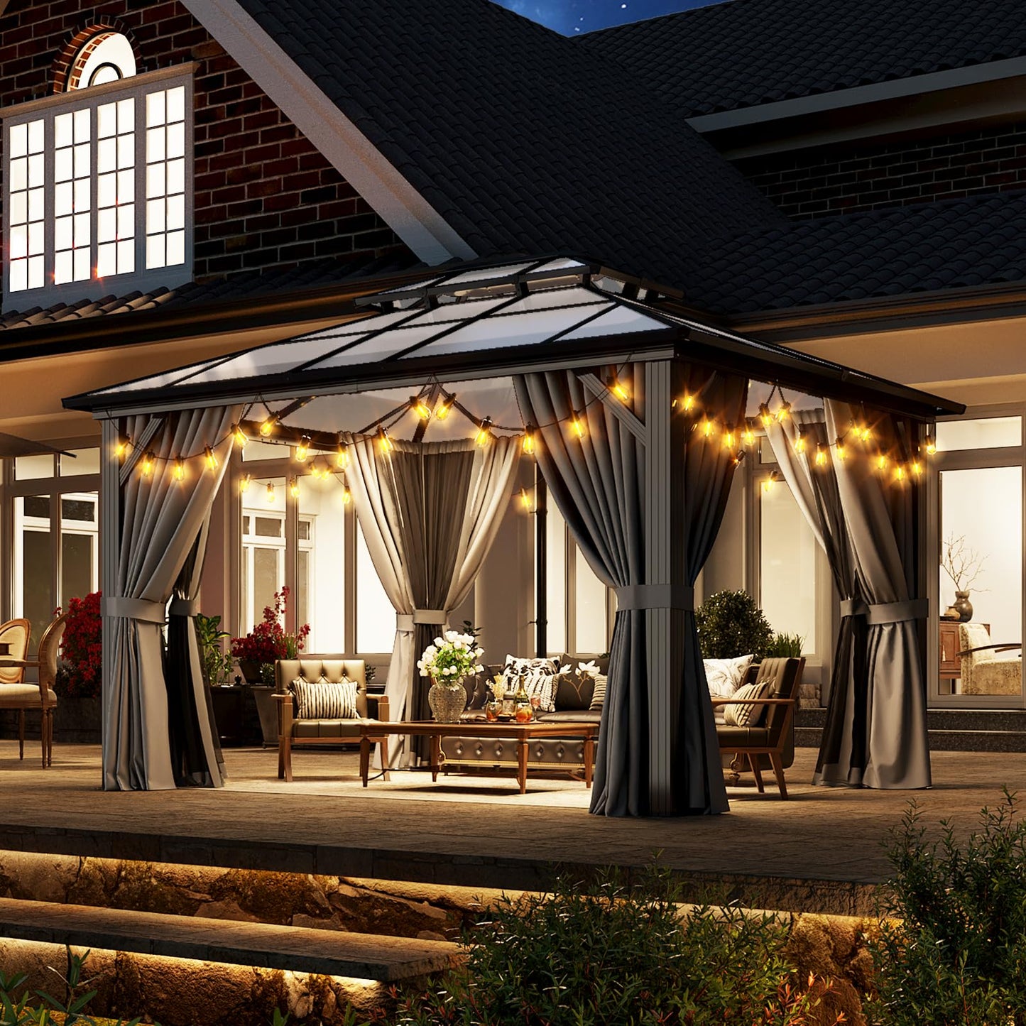 Aoxun 10'x12' Hardtop Gazebo, Aluminum Frame Permanent Pavilion with Curtains and Netting, Outdoor Polycarbonate Double Roof Canopy for Garden, Lawns, Patio