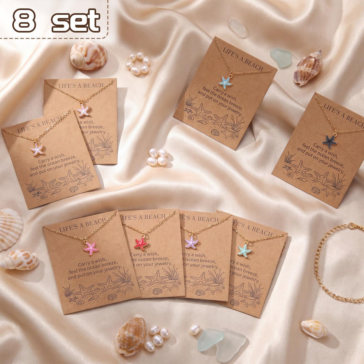Kingdder 8 Set Starfish Necklace for Women Beach Gold Starfish Necklace with Card Organza Bag Hawaii Ocean Pendant Boho Summer Jewelry Gift Bulk for Birthday Vacation Party Favor