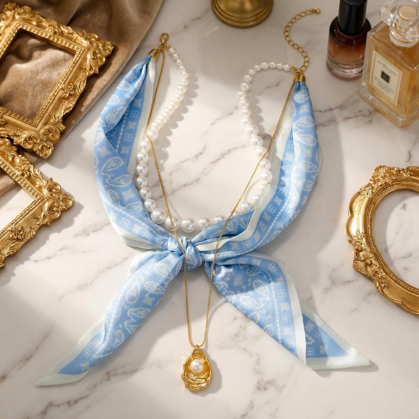 CLASSYZINT Layered Necklace for Women Blue Scarf Necklace Pearl Necklace Gold Shell Pendant Necklace Beach Jewelry Fashion Necklace
