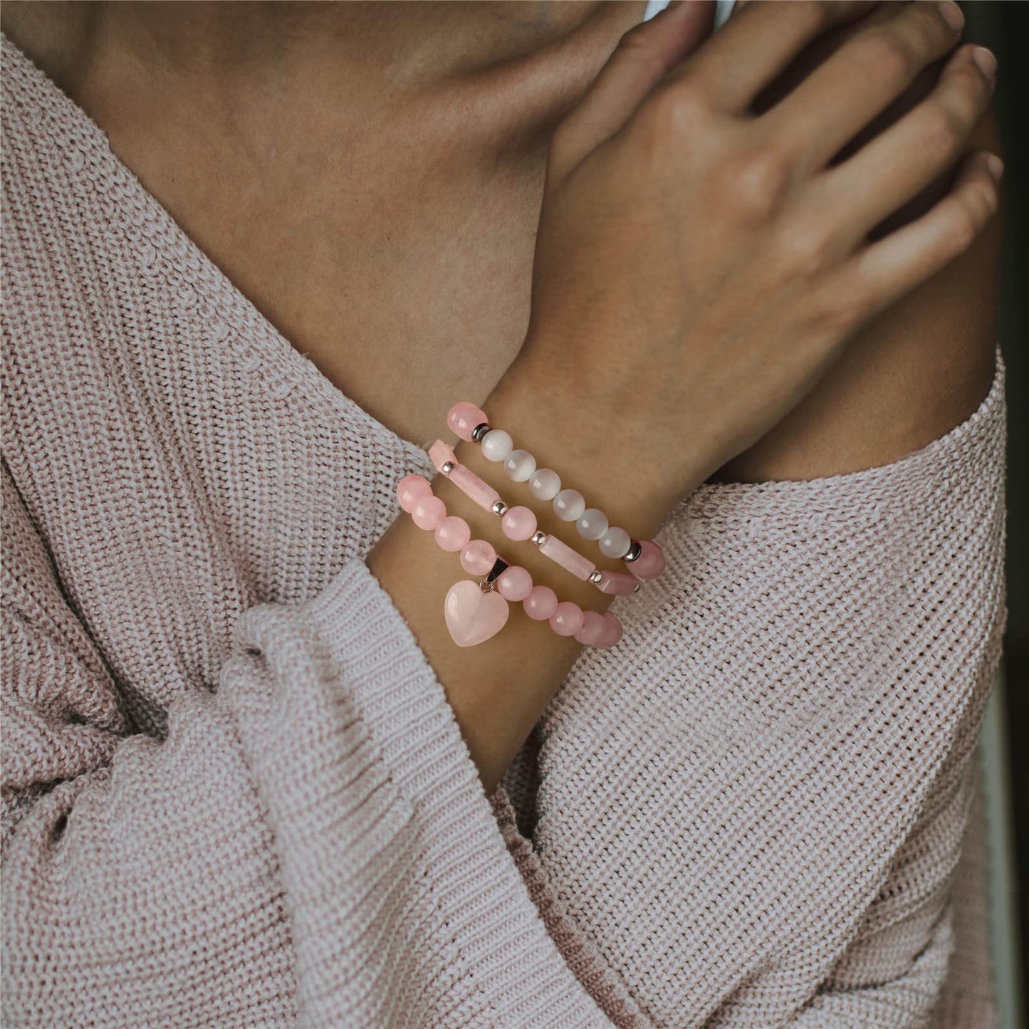 Vinswet Healing Crystal Beaded Bracelets for Women,Natural Rose Quartz Moonstone Gemstones Bracelet,Anxiety Stress Relief Heart Charm Bracelet Handmade pink Jewelry Gifts for Women (3pcs)