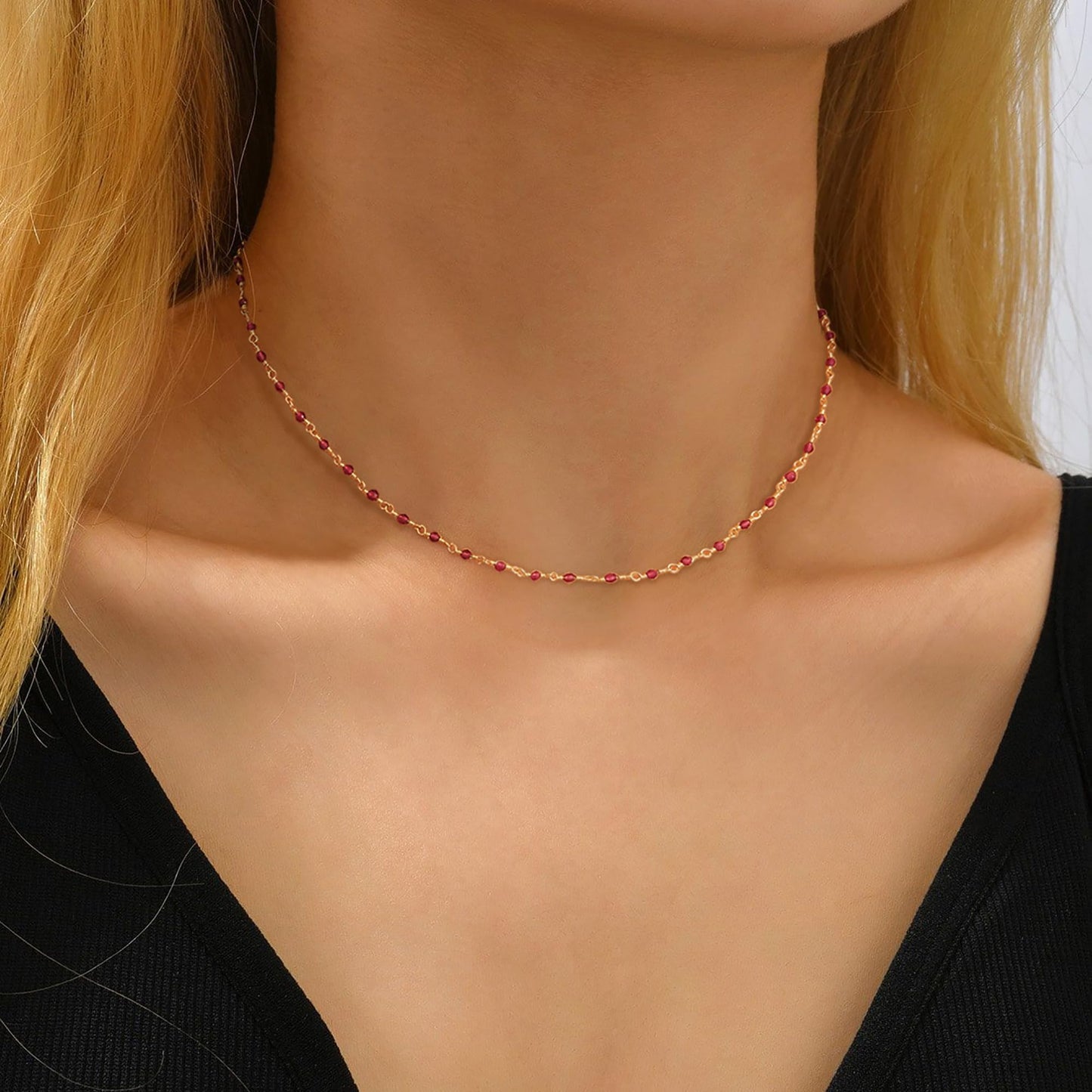MTMY Beaded Necklace for Women 14K Gold Plated Dainty Colorful Beaded Pearl Choker Necklace Delicate Boho Choker Necklace Jewelry Gift (Crystal-rose)