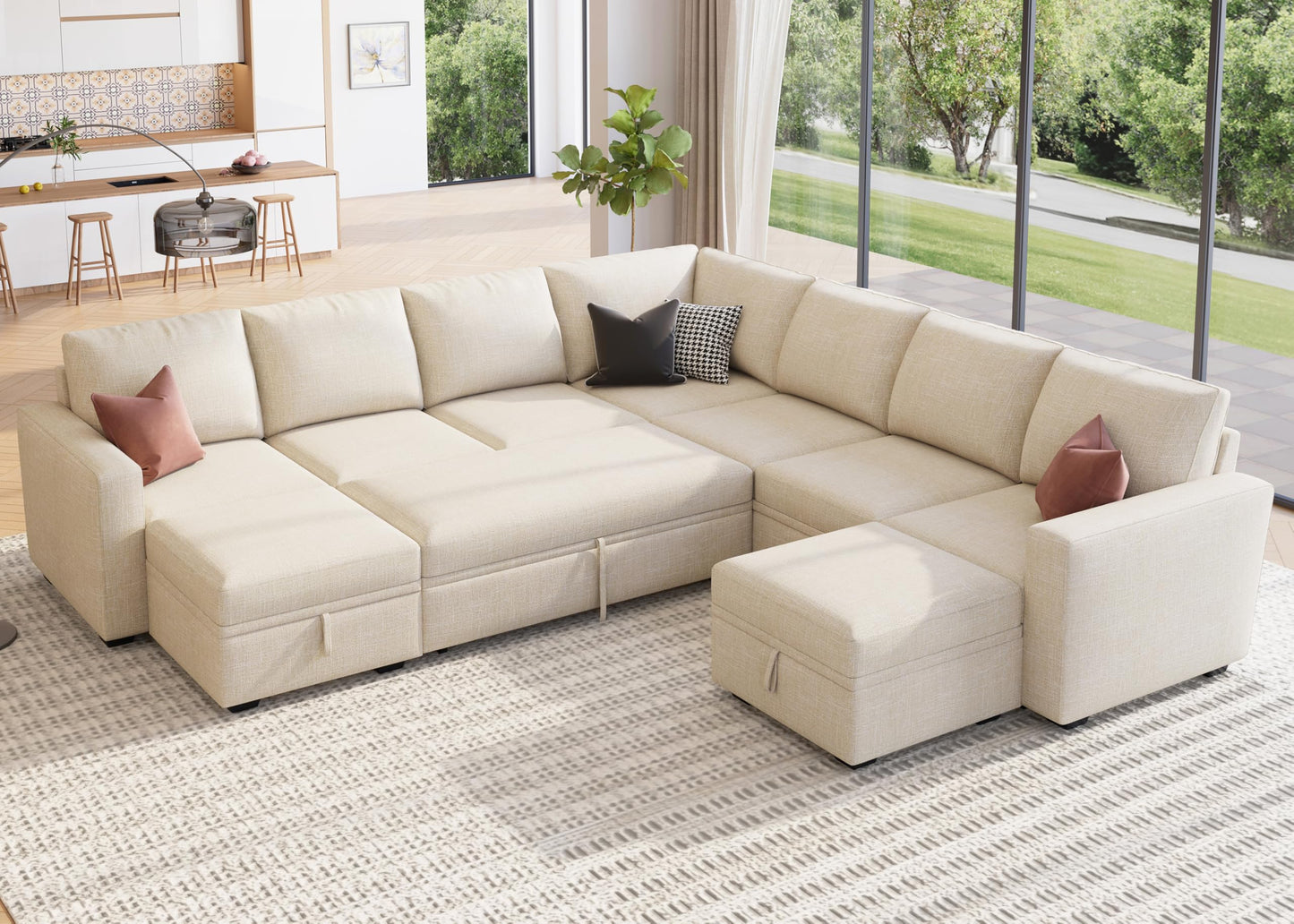 HONBAY Modular Sectional Sleeper Sofa with Pull Out Couch, Oversized U Shaped Sleeper Pull Out Bed with Storage Sectional Couches for Living Room - Beige