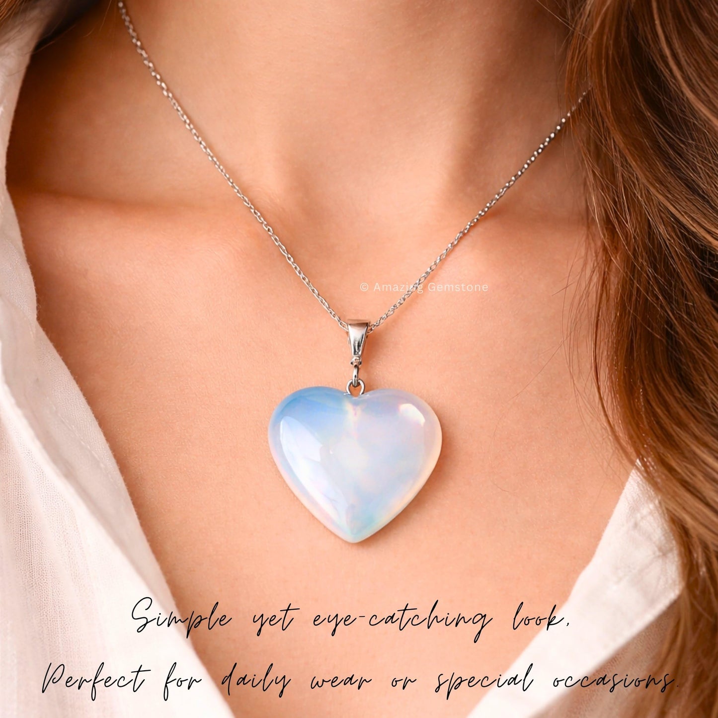Opalite Neck lace - Healing Crystal Neck lace with Opalite Heart by Taylor - Elegant Jewelry for Energy Balance and Spiritual Healing - Gift for Women on Mothers Day, Christmas, Valentine (Puffy Heart)