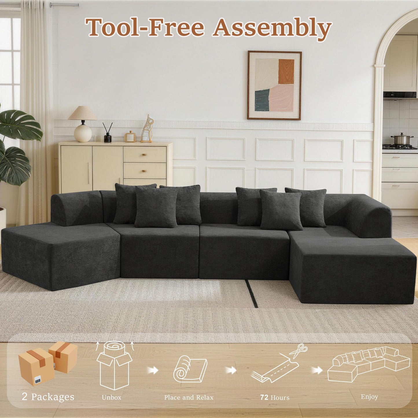 CACFTII 140" Oversized Boneless Couch, Curved Cloud Sectional Couch with L-Shape Chaise, Compressed Memory Foam Couch, Velvet Modular Sectional Sofa for Living Room, No Assembly Required, Black