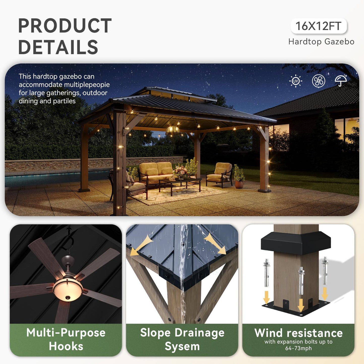 Aoxun 12' x 16' Outdoor Wood Gazebo, Hardtop Gazebo Permanent Wooden Pavilion with Galvanized Steel Double Roof, for Patio, Garden, Backyard, Cedar Wood, Grey