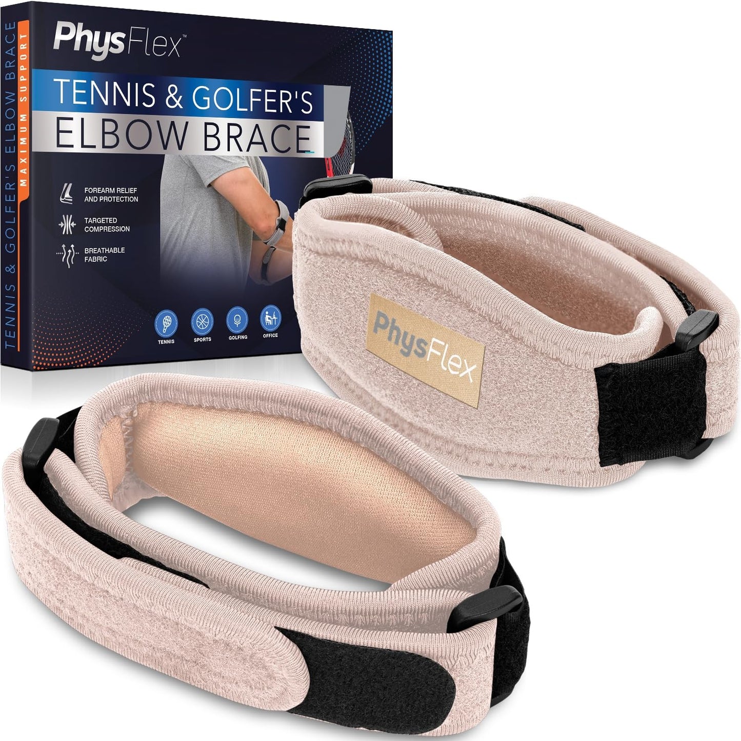 PhysFlex 2-Pack Elbow Brace for Men & Women, Adjustable Tennis & Golfer's Elbow Support Strap for Tendonitis Pain Relief - Compression Pad for Arm, Forearm, Tendon Pain Relief (Beige)