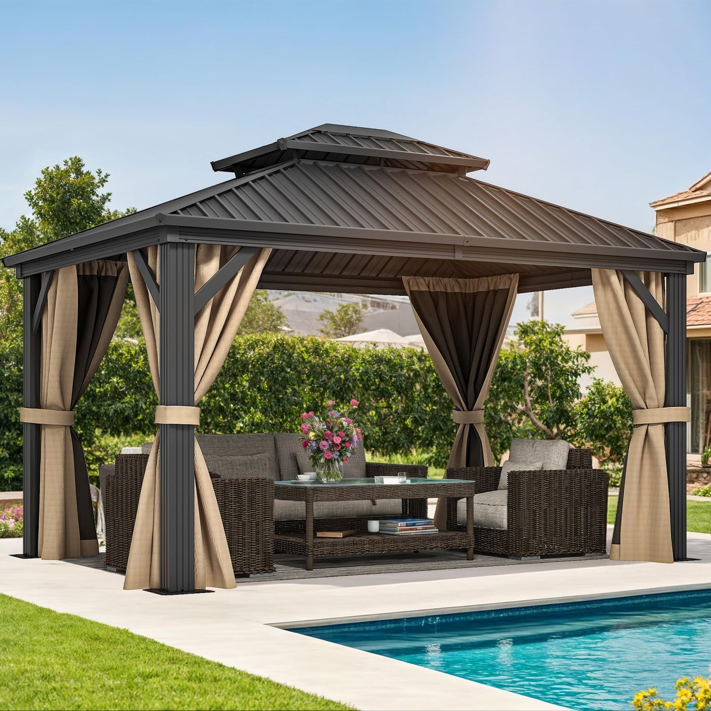 DWVO 10x12ft Hardtop Gazebo Double Roof with Nettings and Curtains, Heavy Duty Galvanized Steel Outdoor Vertical Stripes Roof for Patio, Backyard, Deck, Lawns, Brown