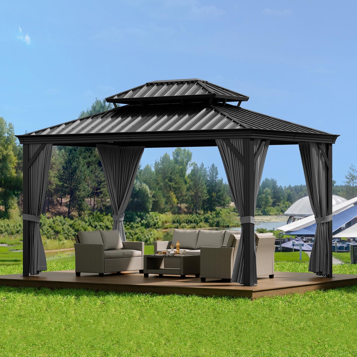 12' x 10' Hardtop Gazebo with Curtains and Netting, Permanent Outdoor Patio Gazebo with Aluminum Frame and Double Polycarbonate Roof for Backyard, Lawn, Deck and Garden