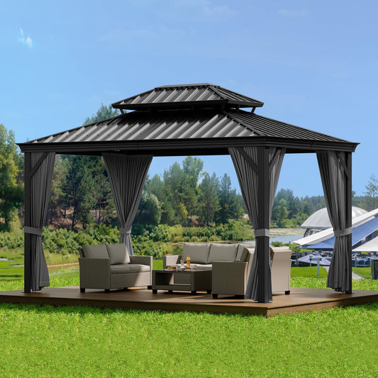 12' x 10' Hardtop Gazebo with Curtains and Netting, Permanent Outdoor Patio Gazebo with Aluminum Frame and Double Polycarbonate Roof for Backyard, Lawn, Deck and Garden