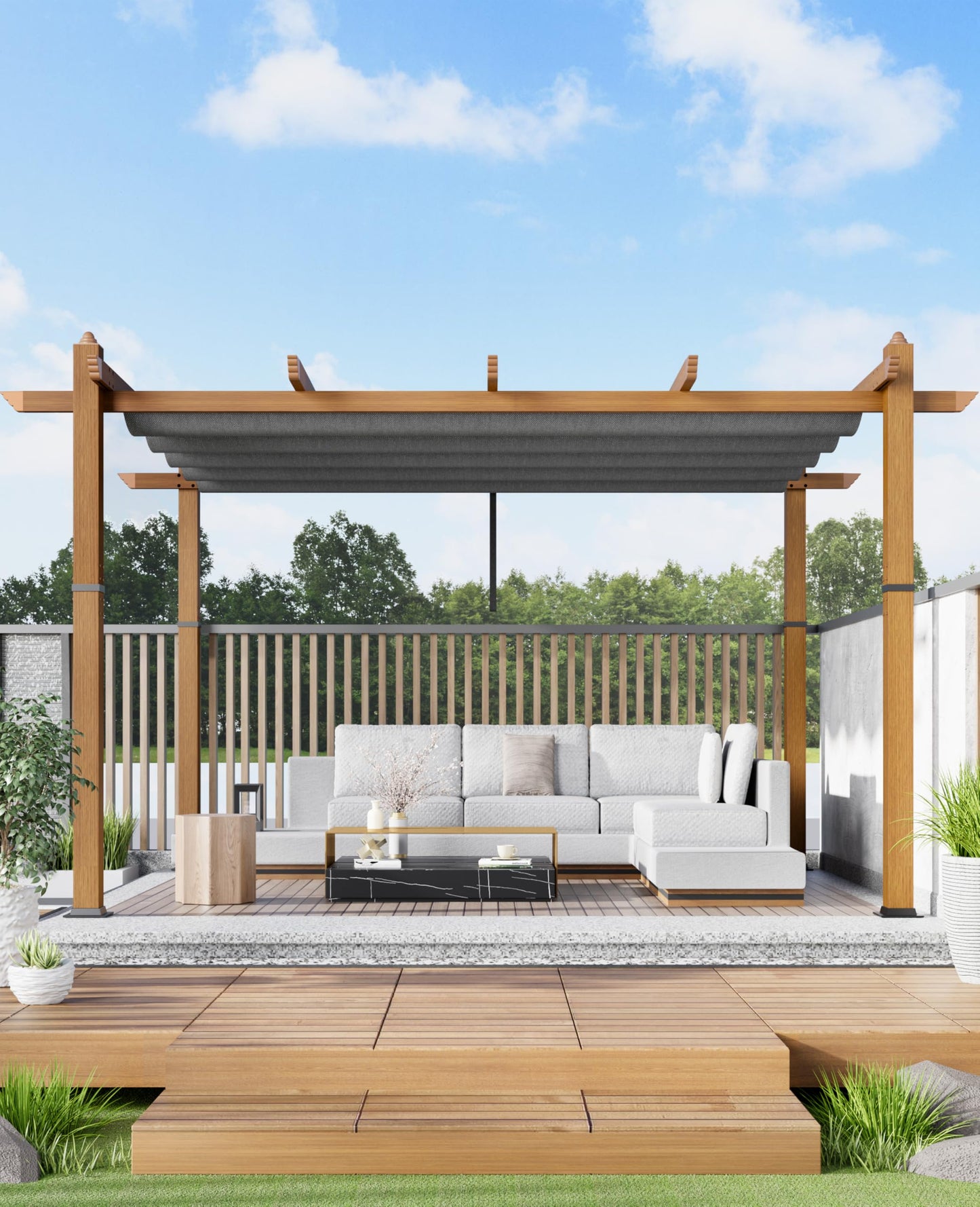 GarveeLife 10x13 ft Outdoor Pergola with Retractable Canopy Upgraded Outdoor Aluminium Pergola, Faux Wood Grain Metal Patio Gazebo for Modern Backyard Deck for Porch, Awning, Grape Trellis, Grey