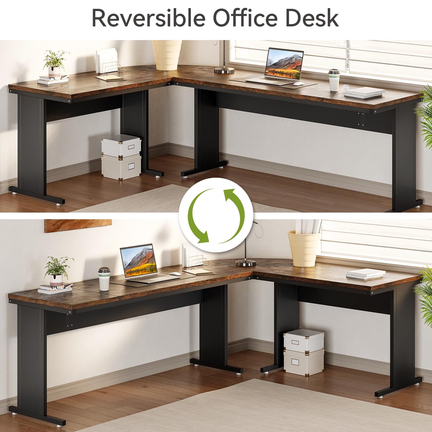 LITTLE TREE 83 Inch L-Shaped Office Desk with Drawers, Large Executive Office Desk with Storage, Wooden Computer Desk with File Cabinet, Modern Work Desk for Home Office, Brown