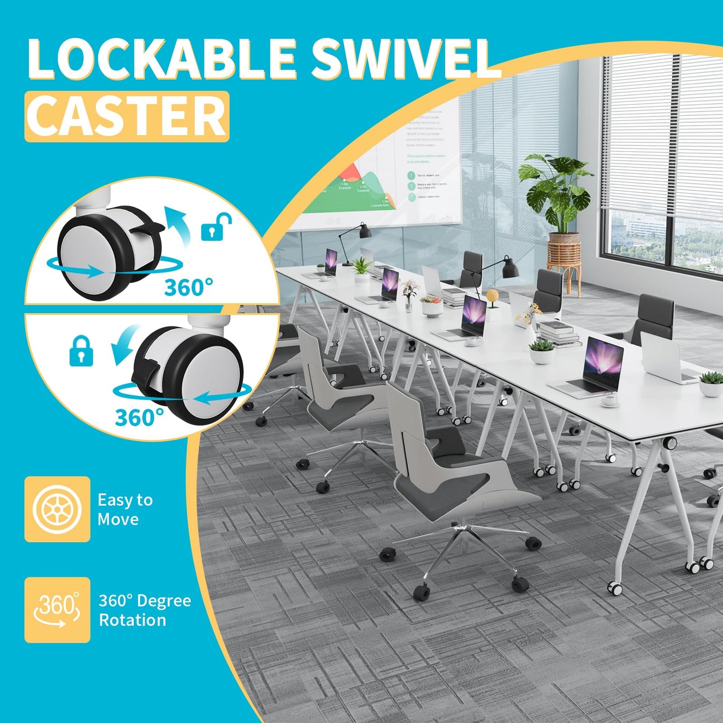 Conference Table with Wheels, Folding Conference Table with Knob & 4 Brake Casters, Modular Flip Top Mobile Conference Room Table for Office, Meeting, Training Room, Class (8, White, 55.1in)
