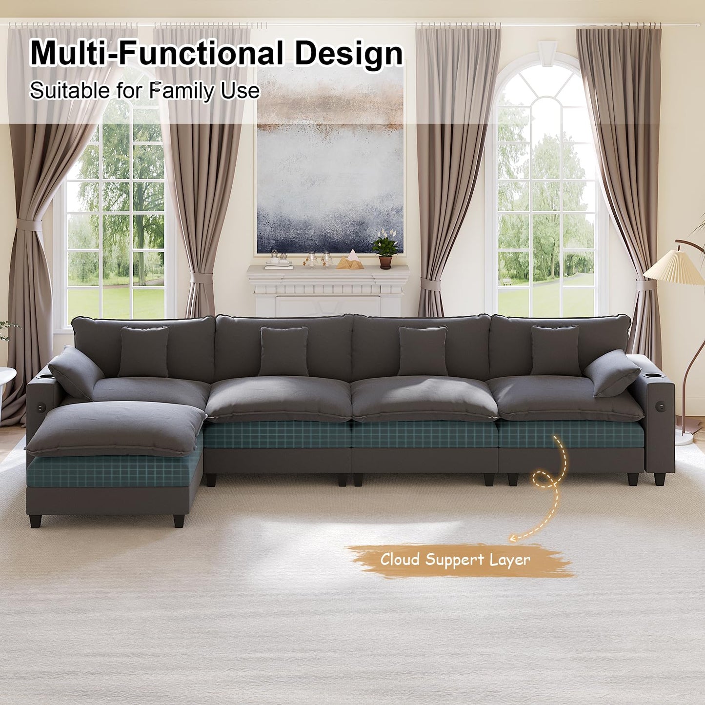 KCGKCG 152" Modular Sectional Sofa, L Shaped Cloud Couch with Movable Ottoman, Chenille Deep Seat Cloud Sofa with Charging Station, Cup Holder, Side Pocket, Sectional Couches for Living Room, Grey