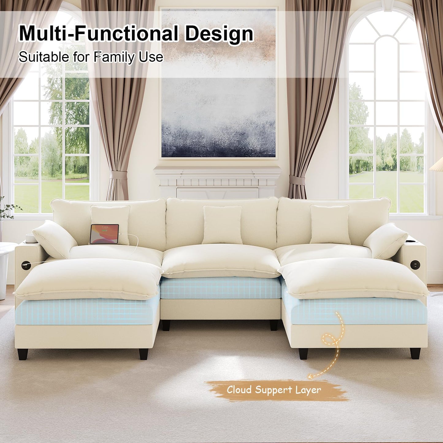 KCGKCG 116" Modular Sectional Sofa, U Shaped Cloud Couch with Movable Ottoman, Chenille Deep Seat Cloud Sofa with Charging Station, Cup Holder, Side Pocket, Sectional Couches for Living Room, Beige