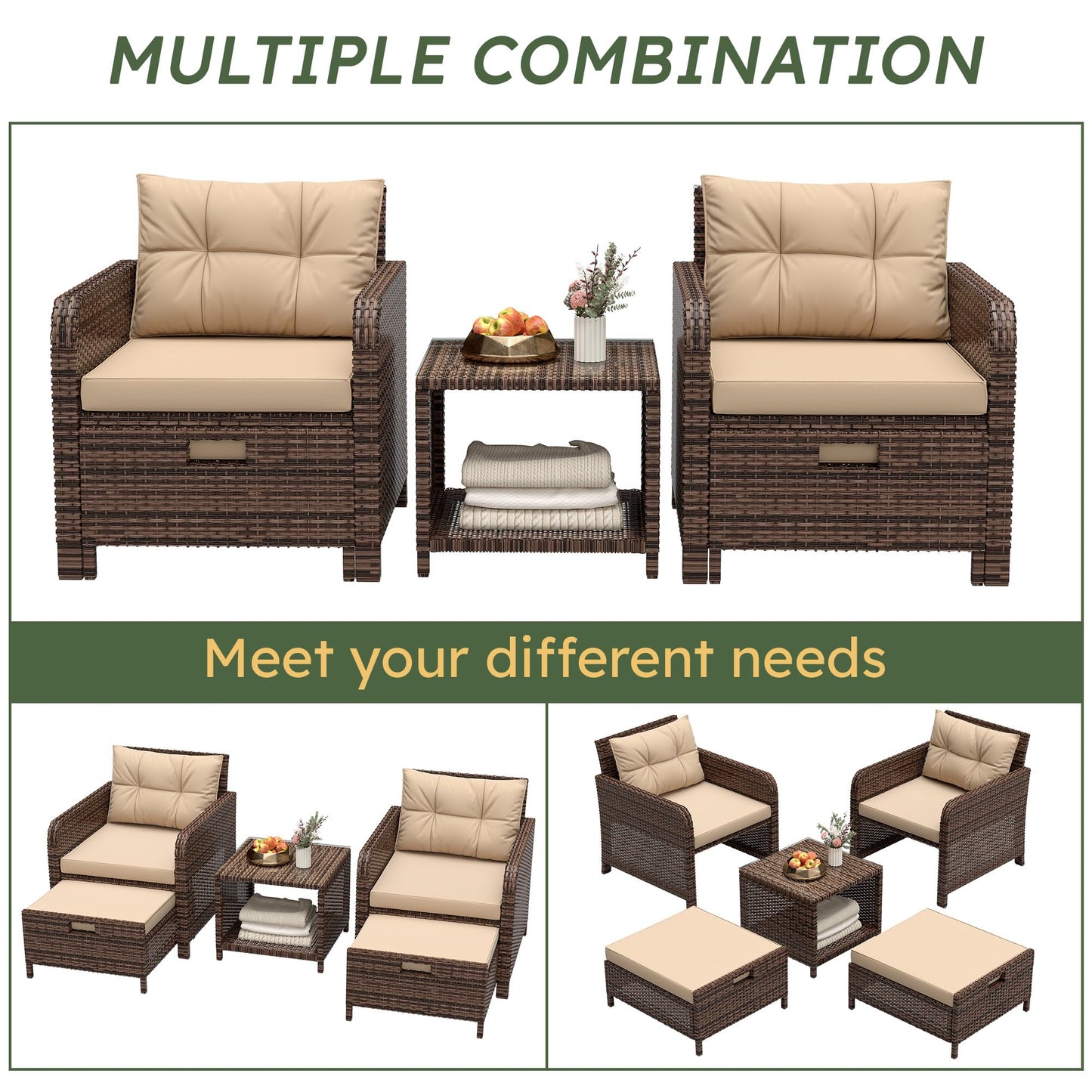 LHBcraft Balcony Furniture 5 Piece Patio Furniture Set, PE Rattan Patio Chairs Conversation Set with Soft Cushions 2 Ottoman & Table for Porch, Lawn, Garden, Beige