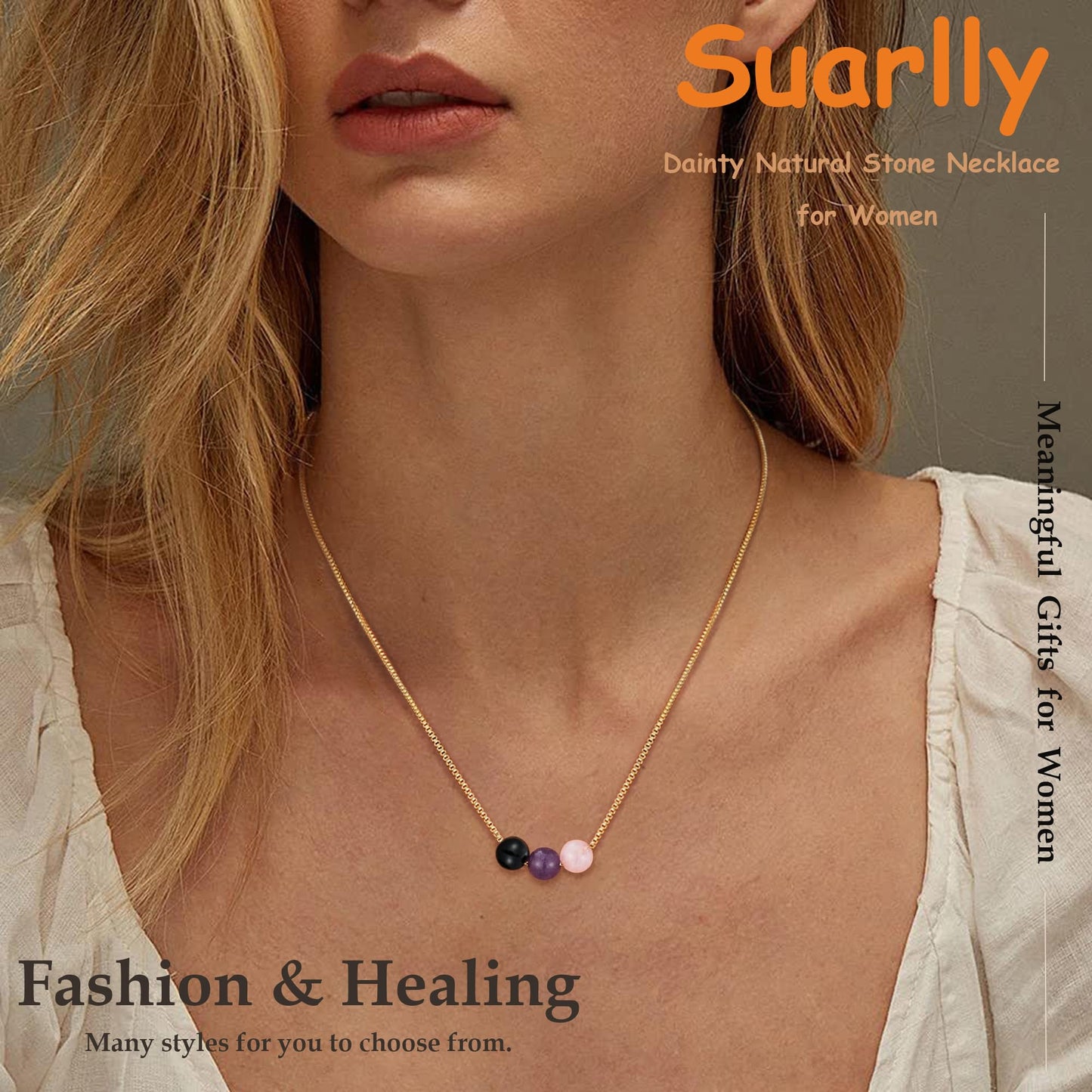 Suarlly Healing Crystal Necklace for Women 14k Plated Gold Beaded Necklace Anxiety Relief Empath Protection Amethyst Gifts for Friends Sister Mom Daughter Jewelry