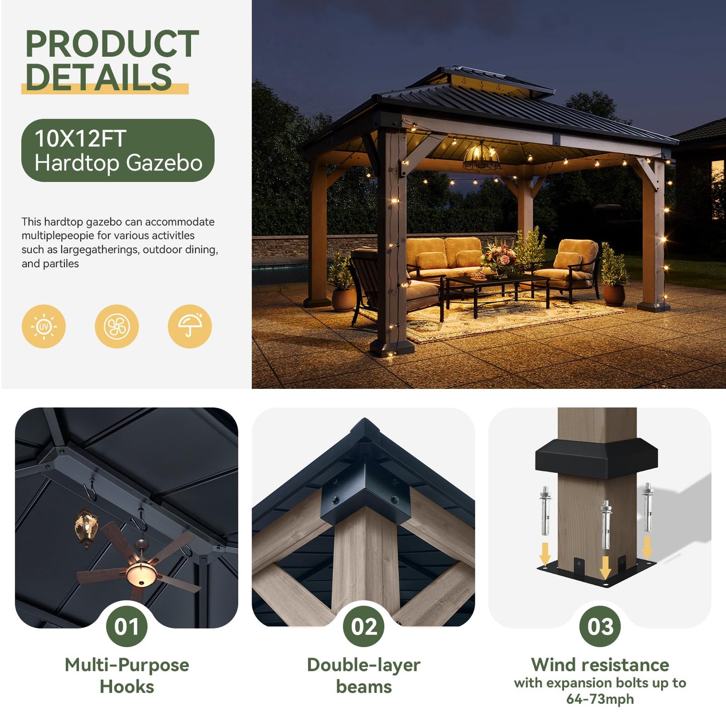 Aoxun 10' x 12' Outdoor Wood Gazebo, Hardtop Gazebo with Galvanized Steel Double Roof, Permanent Wooden Pavilion with Ceiling Fan, for Patio, Garden, Deck, Cedar Wood, Grey