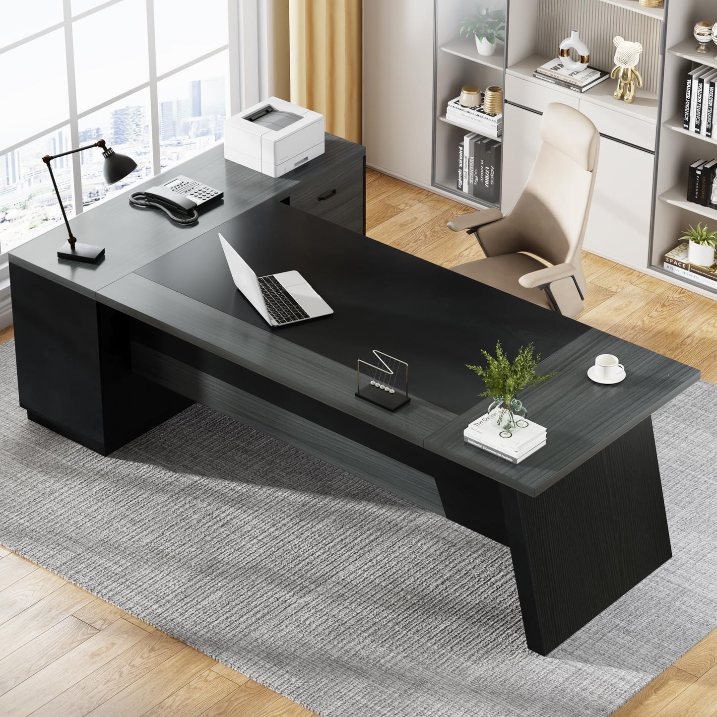 Tribesigns 78" L-Shaped Executive Desk, Large Modern Office Desk with Drawers and Lateral File Cabinet, Business Furniture with Storage Shelves, Big Computer Desk for Home Office (Grey + Blcak)