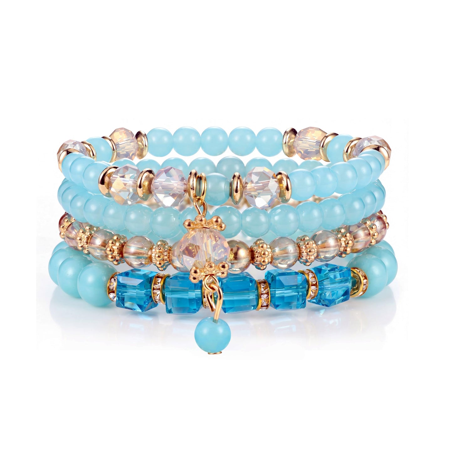 Tungary 4Pcs Beaded Bracelets for Women Bohemian Bracelet Stacks Handmade Natural Stone Stretch Bracelets Multi-Color Daily Wear Accessories Summer Beach Boho Jewelry Gift Light-blue Bracelet Set