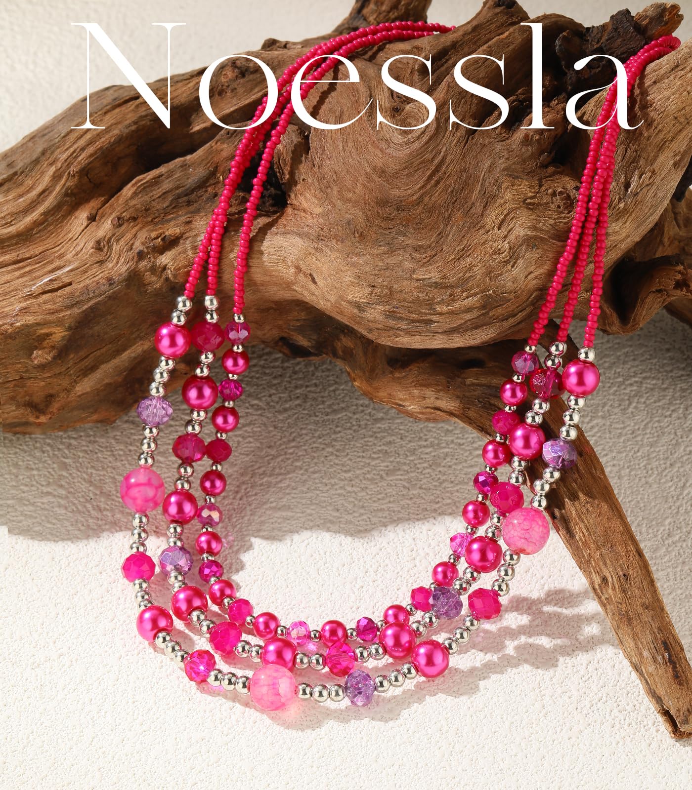 Noessla Beaded Statement Necklaces for Women Layered Chunky Bead Necklace Fashion Costume Jewelry Gifts for Mom(Hot Pink)