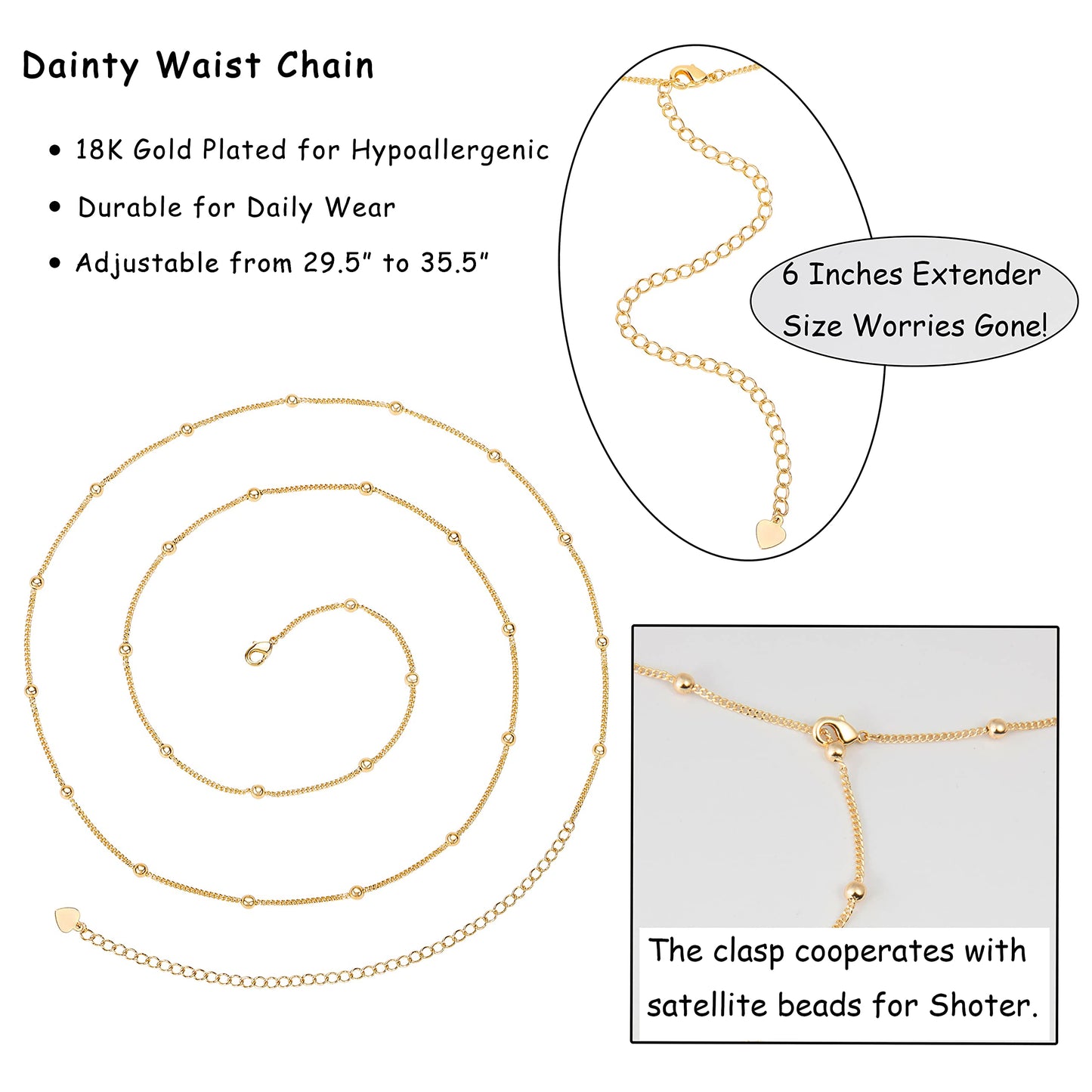 PEARLADA Minimalist Beach Bikini Body Chain 18K Gold Plated Satellite Belly Chain Handmade Adjustable Jewelry for Women Fashion Sexy Waist Chain