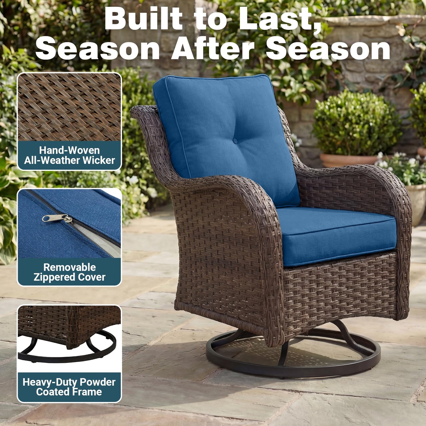 SAILARY Patio Furniture Set, 5PCS Outdoor Wicker Conversation Set with 6" Thick Cushions, High Back Swivel Rocker Chairs, Weather Resistant Olefin Fabric for Garden, Poolside, Navy Blue