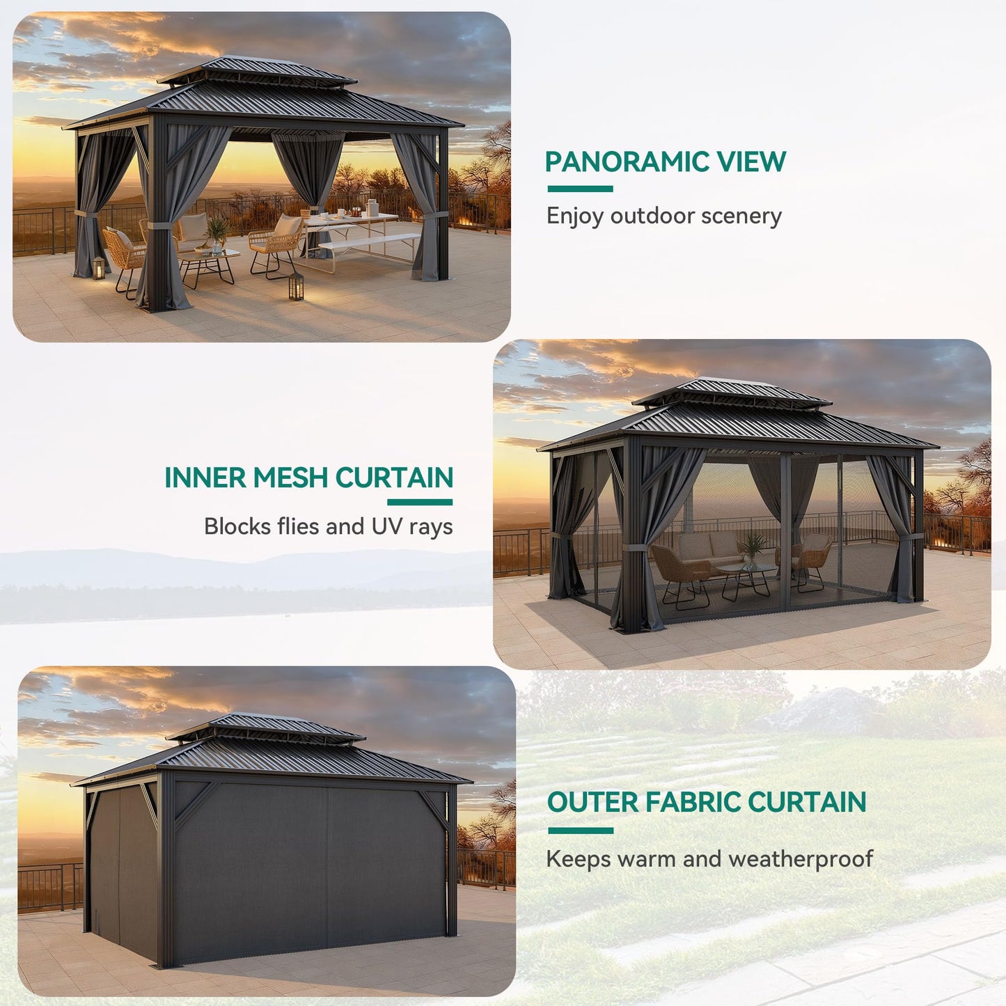 YITAHOME 16X12FT Patio Hardtop Metal Gazebo with Nettings and Curtains, Heavy Duty Double Roof Galvanized Steel Outdoor Waterproof Gazebo for Patio, Backyard, Deck, Gray