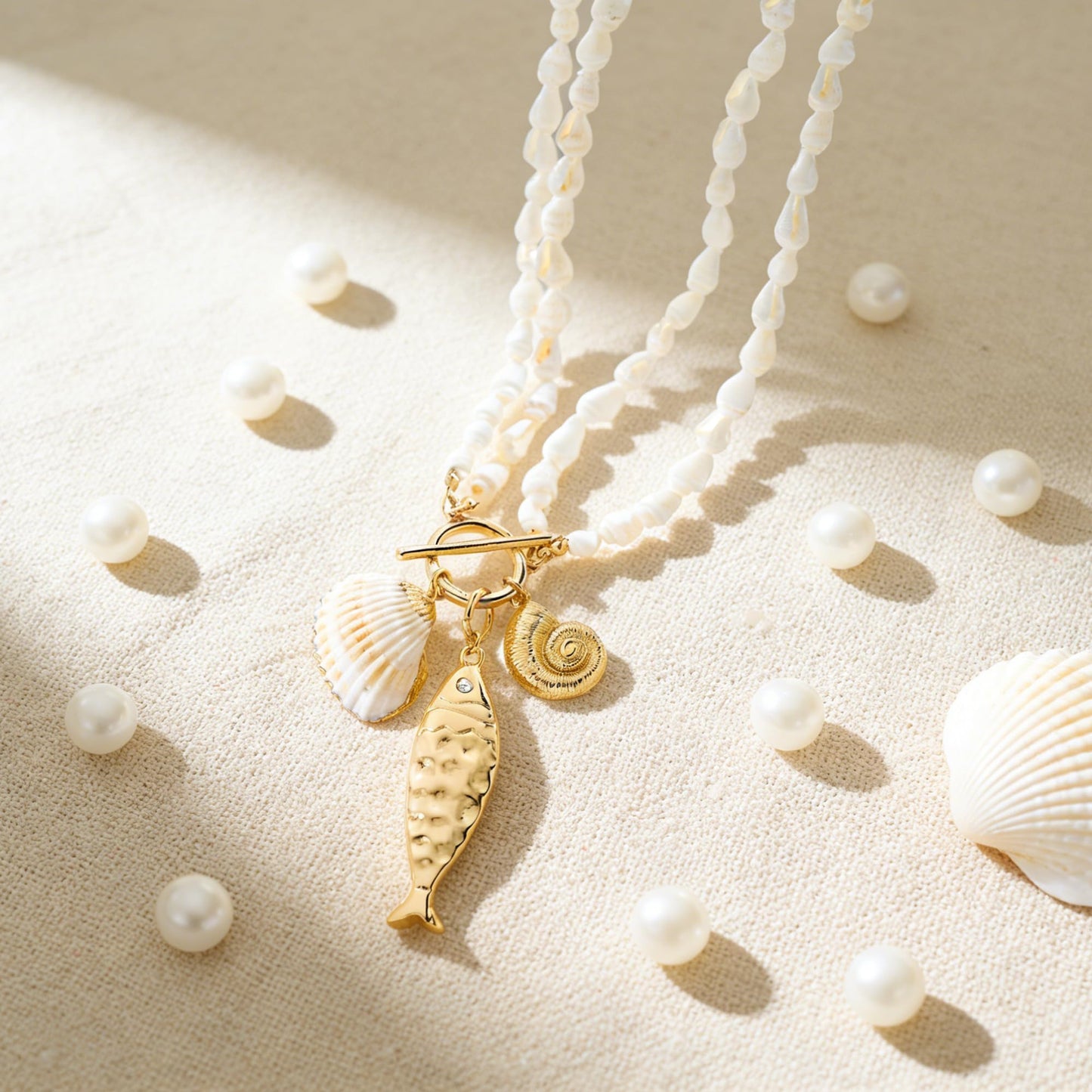 ENSKEFEN Gold Fish Necklaces for Women Double-layer White Shell Beads Necklace Mermaid Seashell Conch Pendant Necklaces Summer Beach Statement Necklace