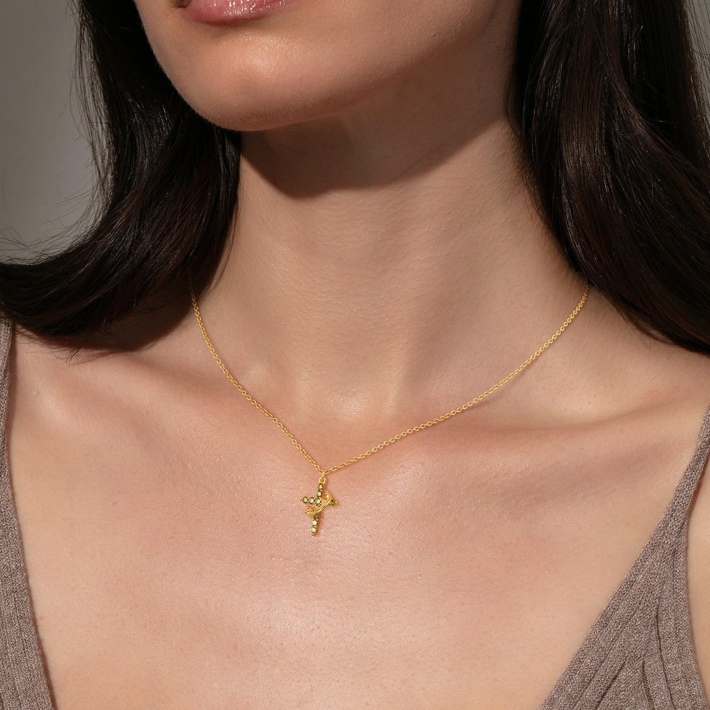 Robaice Birthstone Crown Cross Necklace for Women, Gold-Plated Christian Faith Necklace, Cross Jewelry Gift for Women, August Green Peridot Gift