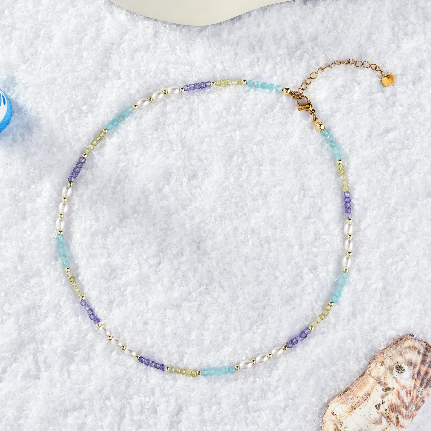 Vutapiro Colorful Beaded Beach Jewelry Summer Ladies' Necklace, Boho Color Block Design light blue necklaces for women (Pale blue)