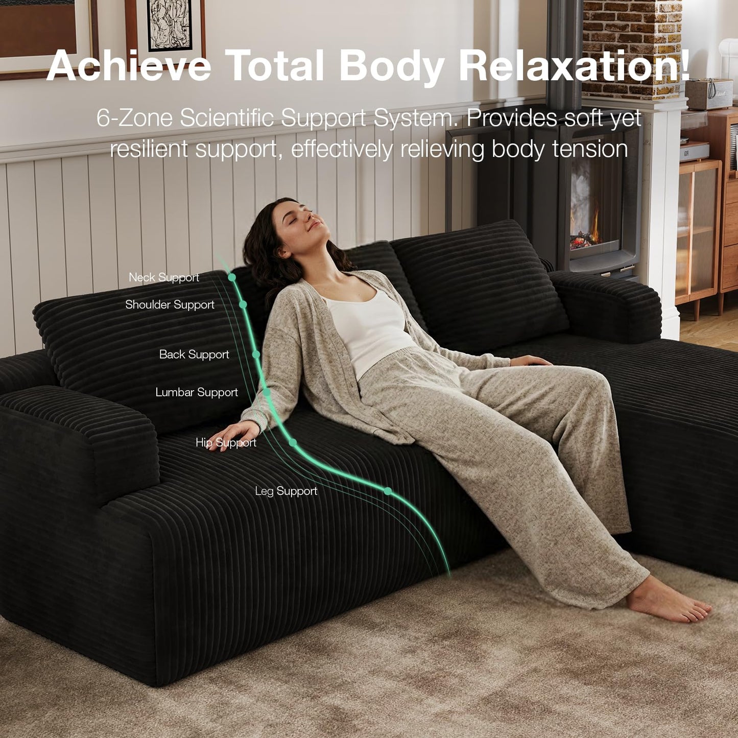 Novilla L-Shape Sectional Couches for Living Room with Smarts Coil® Support, 3 Seater Sectional Sofas for Living Room Bedroom, Corduroy Cloud Couch Sectional, No Assembly(Black, Right Hand Facing)
