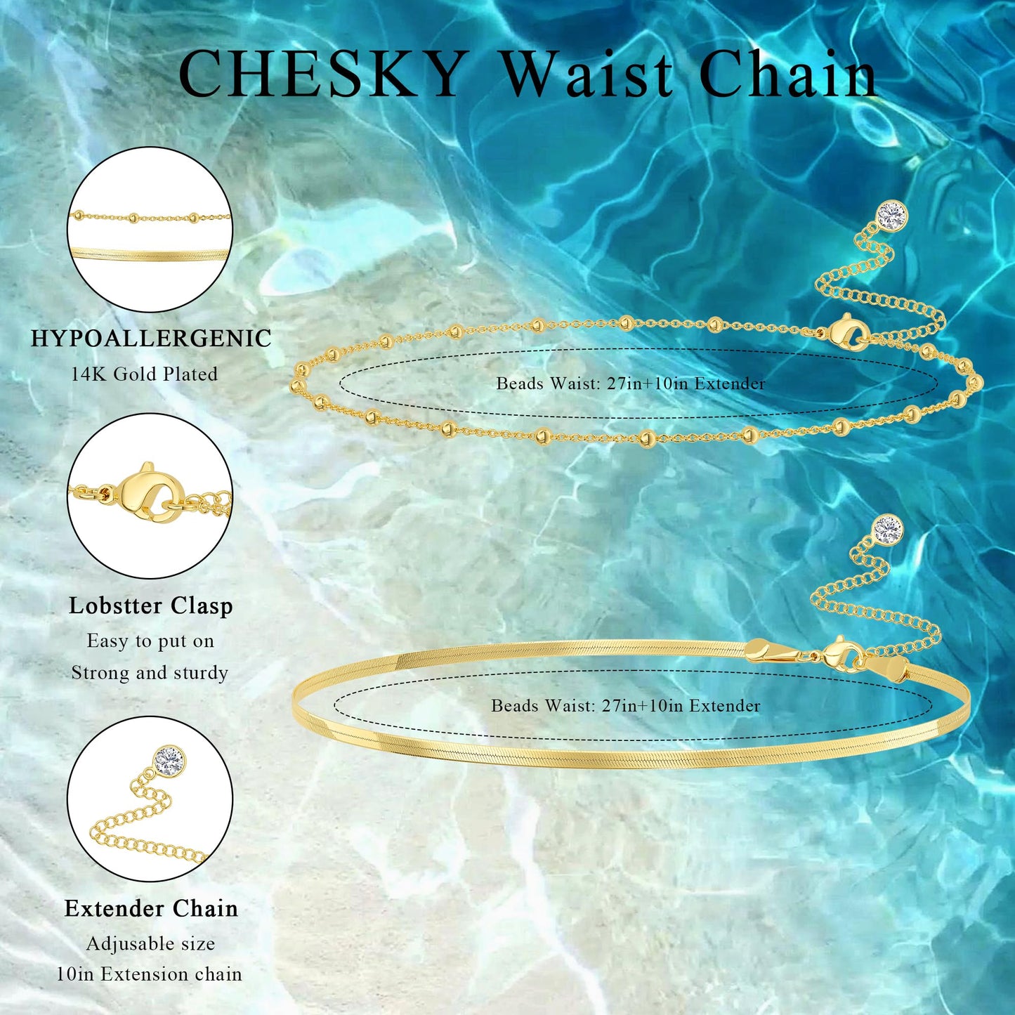 Risamil Waist Beads for Women, 14k Gold Plated Pearl Waist Chain Cute Body Chain Gold Chain Belt for Womens Belly Chain Fashion Beach Accessories for Womens Gold Pearl Jewelry for Women Gifts