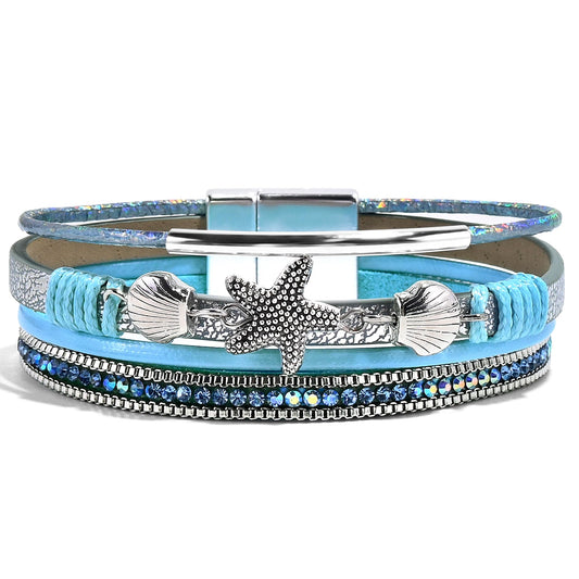 VIBILIA Boho Leather Wrap Bracelets for Women Shell starfish Multi-Layer Bracelets with Strong Clasp Jewelry for Women-Blue