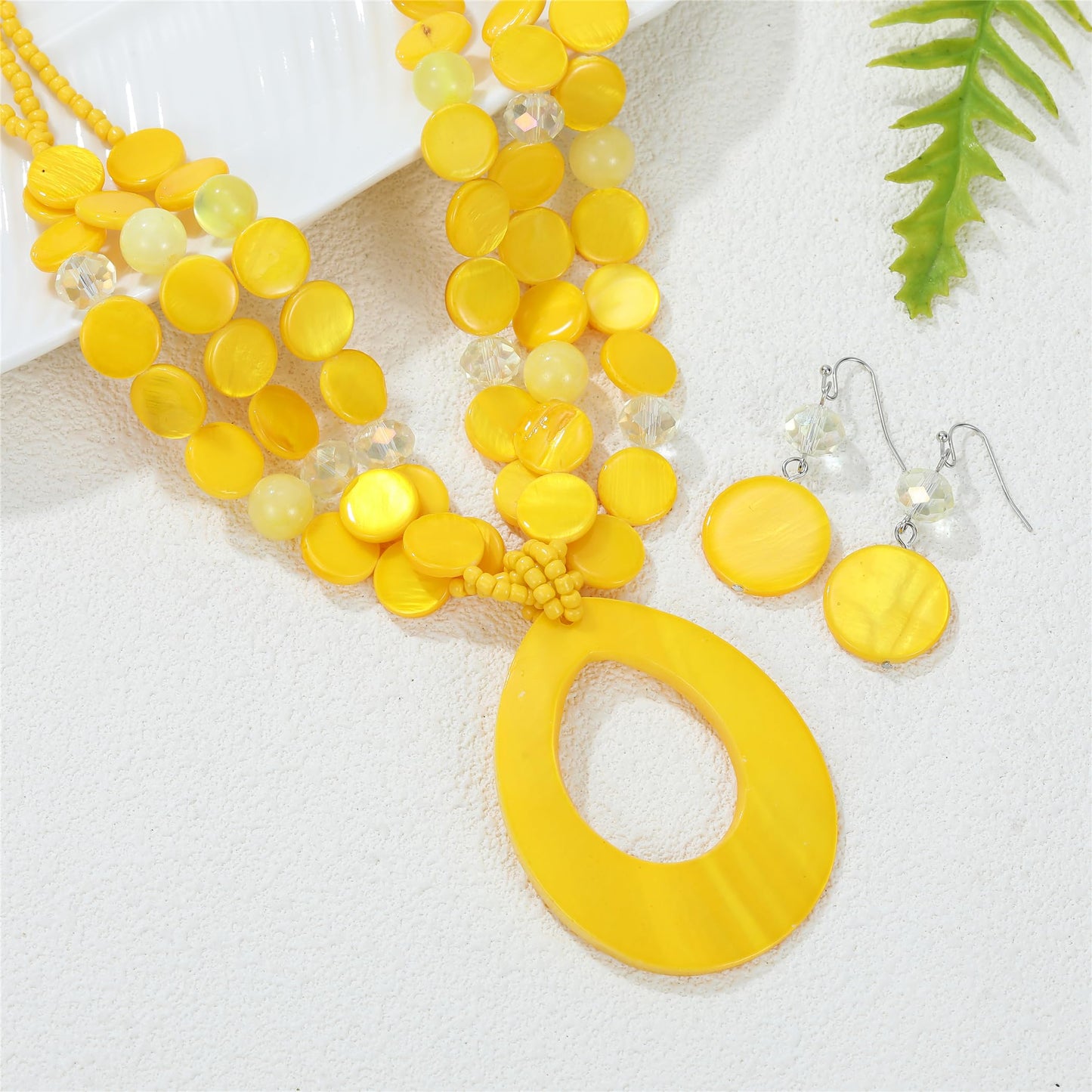 Aenu Multi-Strand Beaded Necklace with Teardrop Pendant Colorful Beads Statement Jewelry Set for Women (Yellow)