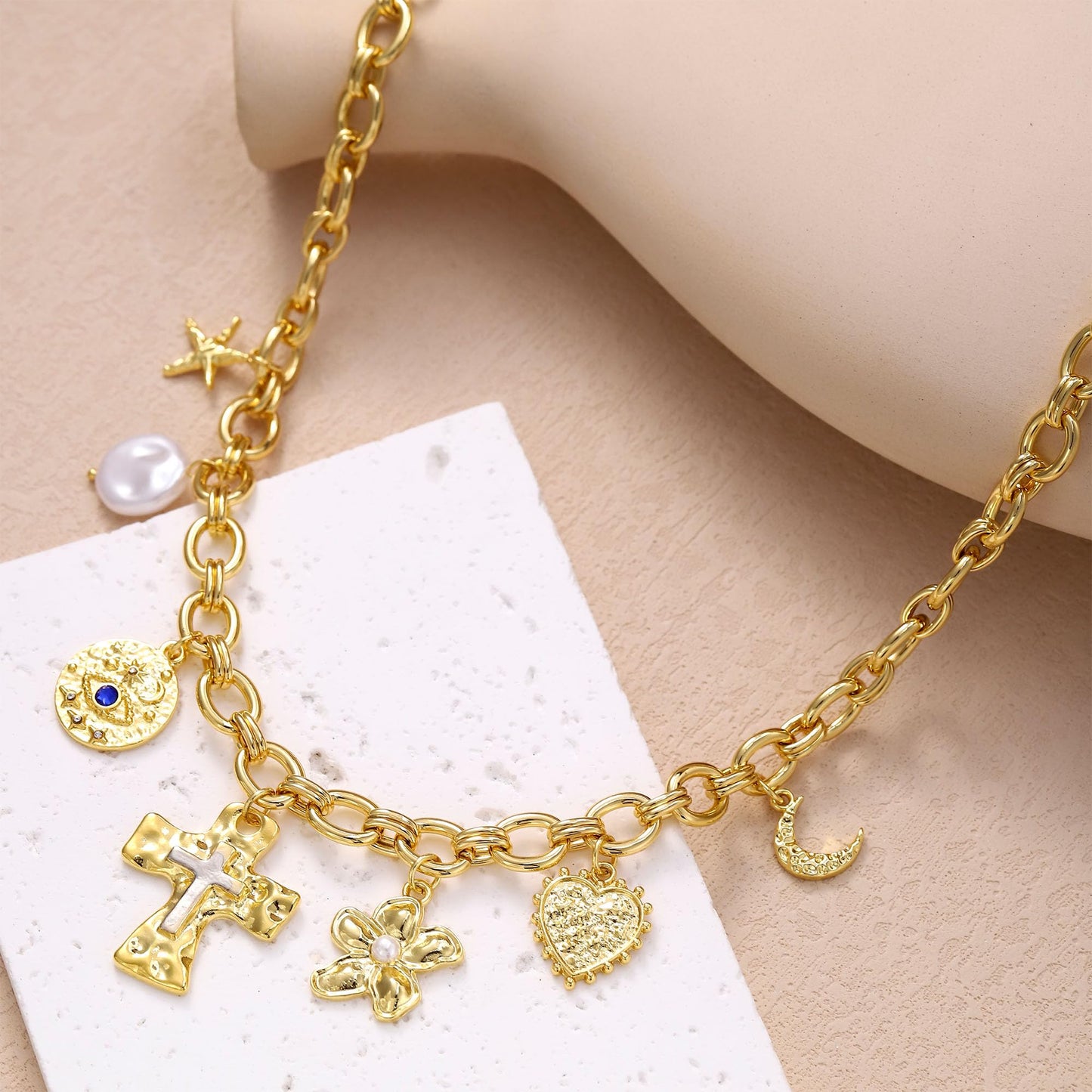 Chunky Charm Cross Pearl Necklace For Women Seashell Shell Starfish Beach Bow 14K Gold Plated Pendant Summer Jewelry (01 Cross)