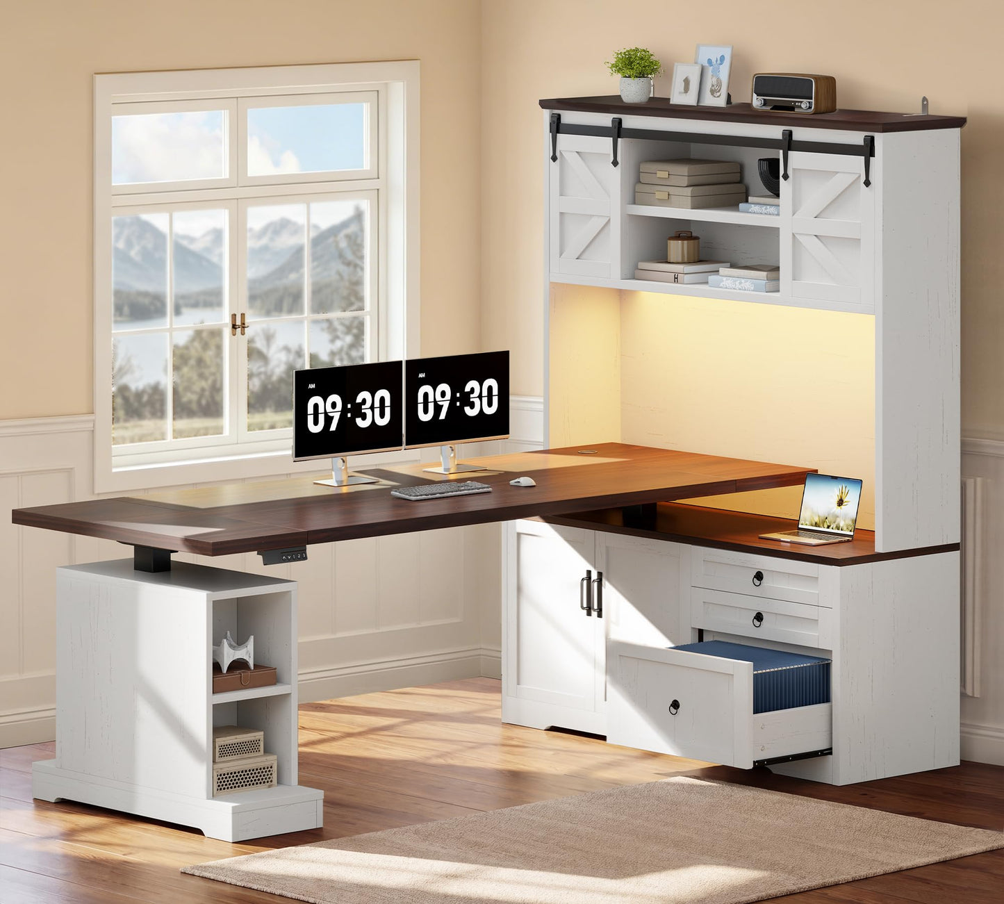 Homiflex 71" L Shaped Electric Standing Desk with Hutch and 3 Drawers, Farmhouse Height Adjustable Sit Stand Desk, Large Corner Computer Desk with File Cabinet, Power Outlets & LED Lights, White
