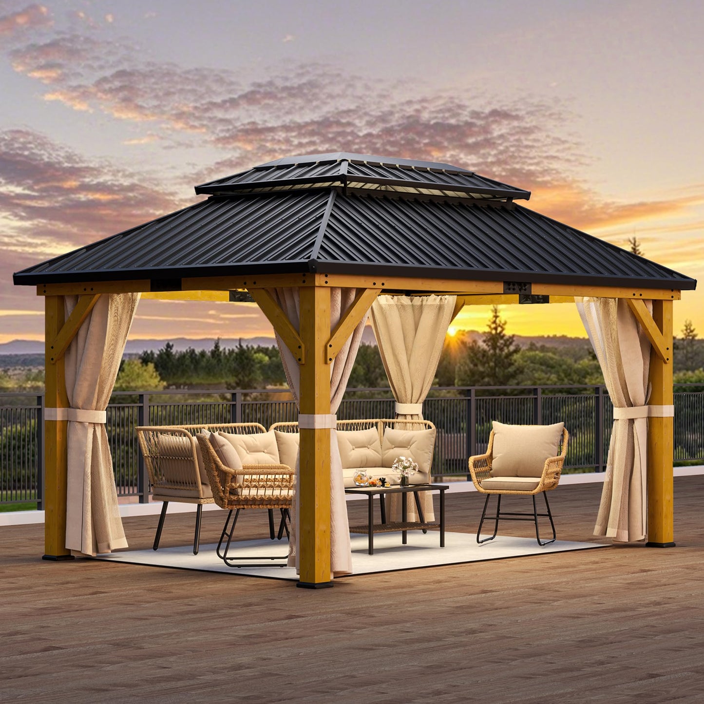 YITAHOME 13x15ft Wood Gazebo Outdoor Wooden Frame Double Roof Hardtop Galvanized Steel Top Canopy w/Curtain and Netting, Patio Heavy Duty Gazebo for Deck, Backyard, Beige Yellow