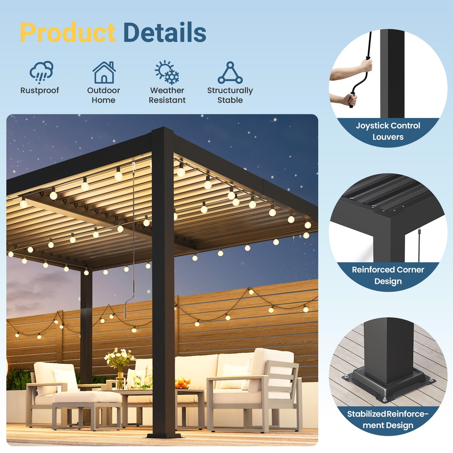 10' x 12' Louvered Pergola, Metal Outdoor Pergola with Adjustable Louvered Roof & Gutter System, Hardtop Patio Gazebo for Backyard, Deck, Garden, Dark Gray